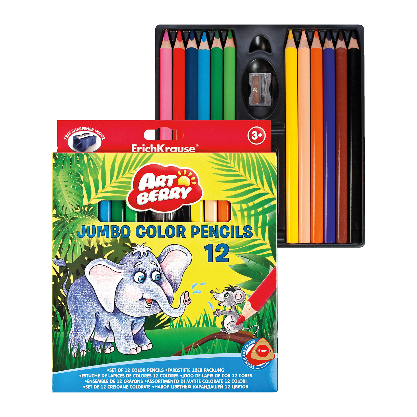 Цветные карандаши треугольные ArtBerry jumbo, 12 цветов + точилка Цветные карандаши треугольные ArtBerry jumbo, 12 цветов + точилкаРисование<br>Характеристики цветных карандашей треугольных ArtBerry jumbo:<br><br>• возраст: от 5 лет<br>• пол: для мальчиков и девочек<br>• комплект: 12 карандашей разного цвета, точилка.<br>• материал: дерево, металл.<br>• размер упаковки: 17.5x21.3x1.5 см.<br>• упаковка: картонная коробка.<br>• диаметр корпуса: 1 см.<br>• диаметр грифеля: 5 см.<br>• бренд: Erich Krause<br>• страна обладатель бренда: Россия.<br><br>Треугольные цветные карандаши обязательно пригодятся, когда надо будет разукрасить рисунок. В данный набор вошли карандаши с утолщенным корпусом и грифелем, специально разработанные для детей. Удобная форма корпуса позволяет рисовать не напрягая руки. Карандаши не ломаются при падении и не крошатся в процессе рисования. А для своевременной заточки стоит использовать точилку, которая также входит в комплект.<br><br>Рисунки, выполненные данными карандашами, со временем не теряют яркости, поскольку в состав грифелей входят особые пигменты, которые обеспечивают насыщенный цвет.<br><br>Цветные карандаши треугольные ArtBerry jumbo торговой марки Erich Krause можно купить в нашем интернет-магазине.<br><br>Ширина мм: 175<br>Глубина мм: 213<br>Высота мм: 15<br>Вес г: 175<br>Возраст от месяцев: 60<br>Возраст до месяцев: 216<br>Пол: Унисекс<br>Возраст: Детский<br>SKU: 5409229