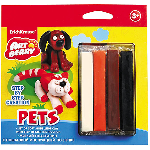 Пластилин мягкий 4цв+инструкция Pets Step-by-step Сreation Artberry Пластилин мягкий 4цв+инструкция Pets Step-by-step Сreation ArtberryРисование и лепка<br>Пластилин мягкий 4цв+инструкция Pets Step-by-step Сreation Artberry<br><br>Характеристики:<br><br>• В набор входит: 4 брусочка пластилина, инструкция<br>• Размер упаковки: 16,5 * 1,5 * 16 см.<br>• Вес: 97 г.<br>• Для детей в возрасте: от 3-х лет<br>• Страна производитель: Китай<br><br>Серия ArtBerry (Артберри) отличается натуральностью своих компонентов и повышенной безопасностью состава продукции специально для дошкольников. Пластилин этой серии изготовлен на основе кукурузного крахмала, легко разминается и не застывает на воздухе, в состав также входит вазелиновое масло, ухаживающее за ручками. <br><br>В этом наборе предлагается вылепить домашних животных. Благодаря пошаговой инструкции ребёнок сможет вылепить двухцветную кошку и двухцветную собаку, в набор входят нужные для лепки цвета. Занимаясь лепкой дети развивают моторику рук, творческие способности, восприятие цветов и их сочетаний, а также лепка благотворно влияет на развитие речи, координацию движений, память и логическое мышление. Лепка всей семьей поможет весело и пользой провести время!<br><br>Пластилин мягкий 4цв+инструкция Pets Step-by-step Сreation Artberry можно купить в нашем интернет-магазине.<br><br>Ширина мм: 165<br>Глубина мм: 160<br>Высота мм: 15<br>Вес г: 97<br>Возраст от месяцев: 60<br>Возраст до месяцев: 216<br>Пол: Унисекс<br>Возраст: Детский<br>SKU: 5409342
