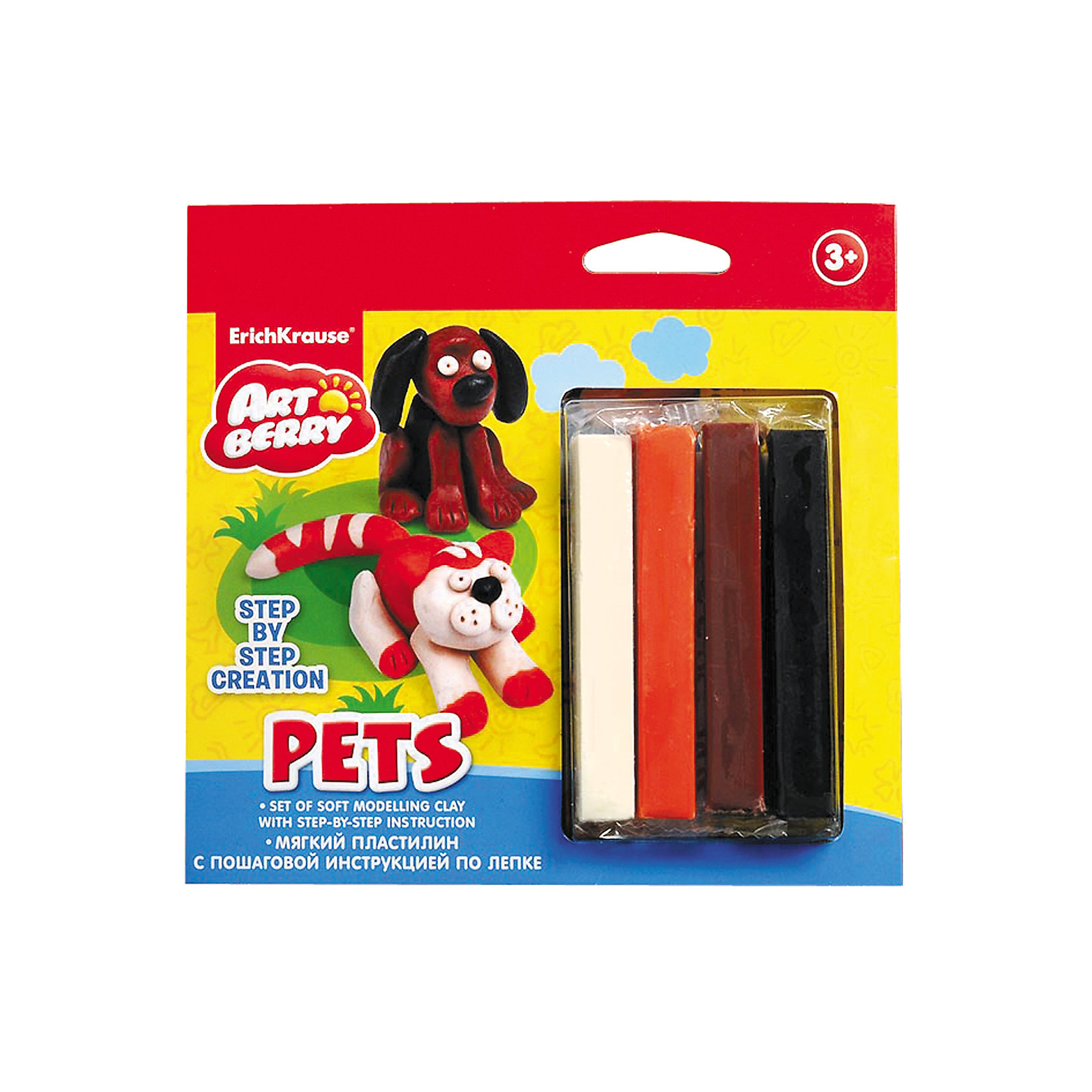 Пластилин мягкий 4цв+инструкция Pets Step-by-step Сreation Artberry Пластилин мягкий 4цв+инструкция Pets Step-by-step Сreation ArtberryЛепка<br>Пластилин мягкий 4цв+инструкция Pets Step-by-step Сreation Artberry<br><br>Характеристики:<br><br>• В набор входит: 4 брусочка пластилина, инструкция<br>• Размер упаковки: 16,5 * 1,5 * 16 см.<br>• Вес: 97 г.<br>• Для детей в возрасте: от 3-х лет<br>• Страна производитель: Китай<br><br>Серия ArtBerry (Артберри) отличается натуральностью своих компонентов и повышенной безопасностью состава продукции специально для дошкольников. Пластилин этой серии изготовлен на основе кукурузного крахмала, легко разминается и не застывает на воздухе, в состав также входит вазелиновое масло, ухаживающее за ручками. <br><br>В этом наборе предлагается вылепить домашних животных. Благодаря пошаговой инструкции ребёнок сможет вылепить двухцветную кошку и двухцветную собаку, в набор входят нужные для лепки цвета. Занимаясь лепкой дети развивают моторику рук, творческие способности, восприятие цветов и их сочетаний, а также лепка благотворно влияет на развитие речи, координацию движений, память и логическое мышление. Лепка всей семьей поможет весело и пользой провести время!<br><br>Пластилин мягкий 4цв+инструкция Pets Step-by-step Сreation Artberry можно купить в нашем интернет-магазине.<br><br>Ширина мм: 165<br>Глубина мм: 160<br>Высота мм: 15<br>Вес г: 97<br>Возраст от месяцев: 60<br>Возраст до месяцев: 216<br>Пол: Унисекс<br>Возраст: Детский<br>SKU: 5409342
