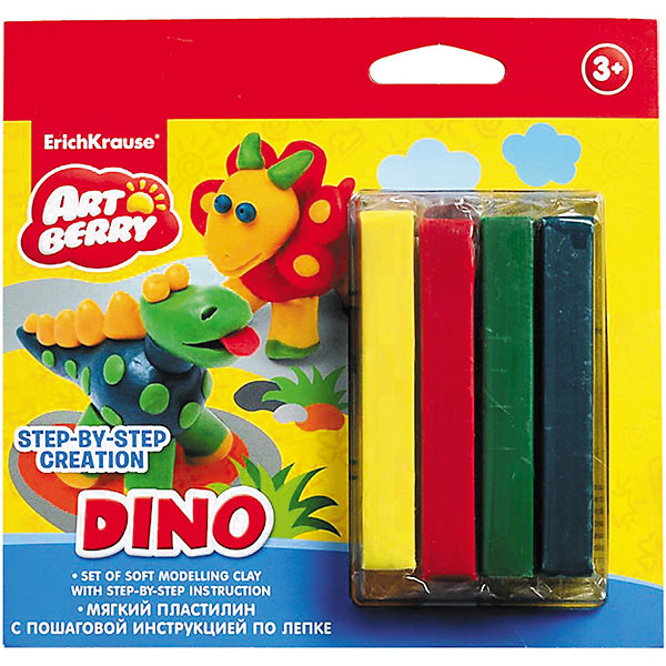 Пластилин мягкий 4цв+инструкция Dino Step-by-step Сreation Artberry Пластилин мягкий 4цв+инструкция Dino Step-by-step Сreation ArtberryРисование и лепка<br>Пластилин мягкий 4цв+инструкция Dino Step-by-step Сreation Artberry<br><br>Характеристики:<br><br>• В набор входит: 4 брусочка пластилина, инструкция<br>• Размер упаковки: 16,5 * 1,5 * 16 см.<br>• Вес: 97 г.<br>• Для детей в возрасте: от 3-х лет<br>• Страна производитель: Китай<br><br>Серия ArtBerry (Артберри) отличается натуральностью своих компонентов и повышенной безопасностью состава продукции специально для дошкольников. Пластилин этой серии изготовлен на основе кукурузного крахмала, легко разминается и не застывает на воздухе, в состав также входит вазелиновое масло, ухаживающее за ручками. <br><br>В этом наборе предлагается вылепить динозавров. Благодаря пошаговой инструкции ребёнок без труда сможет вылепить двух оригинальных разноцветных динозавров, в набор входят нужные для лепки цвета, некоторые из них нужно будет смешать. Занимаясь лепкой дети развивают моторику рук, творческие способности, восприятие цветов и их сочетаний, а также лепка благотворно влияет на развитие речи, координацию движений, память и логическое мышление. Лепка всей семьей поможет весело и пользой провести время!<br><br>Пластилин мягкий 4цв+инструкция Dino Step-by-step Сreation Artberry можно купить в нашем интернет-магазине.<br><br>Ширина мм: 165<br>Глубина мм: 160<br>Высота мм: 15<br>Вес г: 97<br>Возраст от месяцев: 60<br>Возраст до месяцев: 216<br>Пол: Унисекс<br>Возраст: Детский<br>SKU: 5409343