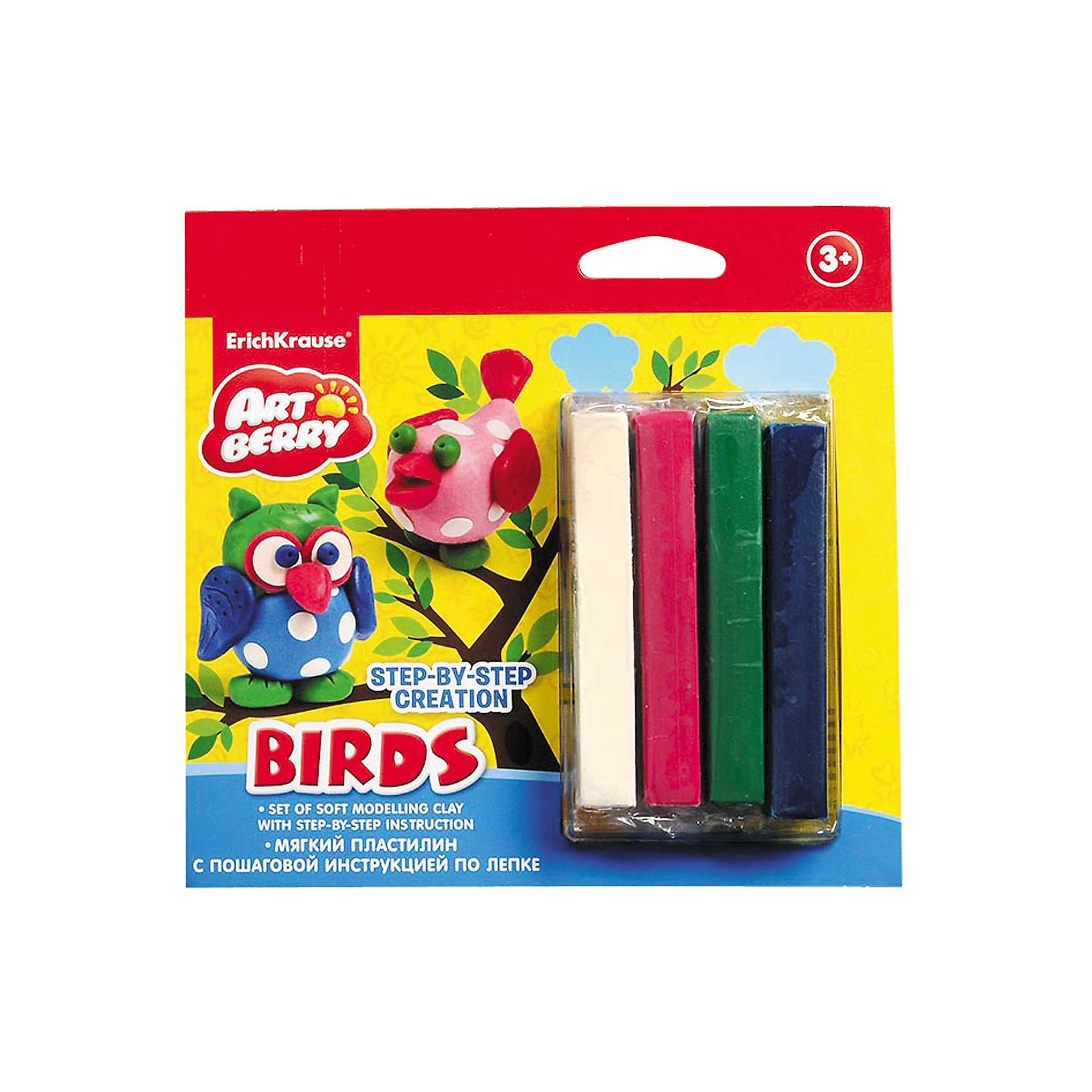 Пластилин мягкий 4цв+инструкция Birds Step-by-step Сreation Artberry Пластилин мягкий 4цв+инструкция Birds Step-by-step Сreation ArtberryЛепка<br>Пластилин мягкий 4цв+инструкция Birds Step-by-step Сreation Artberry<br><br>Характеристики:<br><br>• В набор входит: 4 брусочка пластилина, инструкция<br>• Размер упаковки: 16,5 * 1,5 * 16 см.<br>• Вес: 97 г.<br>• Для детей в возрасте: от 3-х лет<br>• Страна производитель: Китай<br><br>Серия ArtBerry (Артберри) отличается натуральностью своих компонентов и повышенной безопасностью состава продукции специально для дошкольников. Пластилин этой серии изготовлен на основе кукурузного крахмала, легко разминается и не застывает на воздухе, в состав также входит вазелиновое масло, ухаживающее за ручками. <br><br>В этом наборе предлагается вылепить птиц. Благодаря пошаговой инструкции ребёнок без труда сможет вылепить сову и райскую птичку, в набор входят нужные для лепки цвета, некоторые из них нужно будет смешать. Занимаясь лепкой дети развивают моторику рук, творческие способности, восприятие цветов и их сочетаний, а также лепка благотворно влияет на развитие речи, координацию движений, память и логическое мышление. Лепка всей семьей поможет весело и пользой провести время!<br><br>Пластилин мягкий 4цв+инструкция Birds Step-by-step Сreation Artberry можно купить в нашем интернет-магазине.<br><br>Ширина мм: 165<br>Глубина мм: 160<br>Высота мм: 15<br>Вес г: 97<br>Возраст от месяцев: 60<br>Возраст до месяцев: 216<br>Пол: Унисекс<br>Возраст: Детский<br>SKU: 5409344