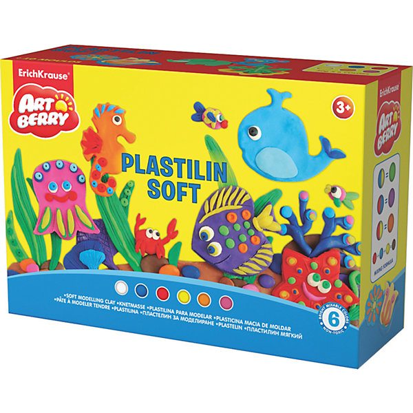 Пластилин мягкий Artberry по Play in Clay 6 цветов по 50г Пластилин мягкий Artberry по Play in Clay 6 цветов по 50гРисование и лепка<br>Пластилин мягкий Artberry по Play in Clay 6 цветов по 50г.<br><br>Характеристики:<br><br>• В набор входит: 6 брусочков пластилина, 8 формочек, ножичек, валик, инструкция<br>• Размер упаковки: 22,5 * 8 * 15,5 см.<br>• Вес: 577 г.<br>• Для детей в возрасте: от 3-х лет<br>• Страна производитель: Китай<br><br>Пластилин этой серии изготовлен на основе кукурузного крахмала, легко разминается и не застывает на воздухе, в состав также входит вазелиновое масло, ухаживающее за ручками. Этот набор включает в себя шесть ярких цветов, которые позволят вылепить любой шедевр. Кроме того, в набор входят целых восемь формочек с растениями и животными. <br><br>С помощью безопасного ножичка вы сможете отрезать кусочки и вырезать детали животных и растений, а благодаря валику можно будет раскатывать пластилин как тесто. Занимаясь лепкой дети развивают моторику рук, творческие способности, восприятие цветов и их сочетаний, а также лепка благотворно влияет на развитие речи, координацию движений, память и логическое мышление. Лепка всей семьей поможет весело и пользой провести время!<br><br>Пластилин мягкий Artberry по Play in Clay 6 цветов по 50г. можно купить в нашем интернет-магазине.<br><br>Ширина мм: 226<br>Глубина мм: 155<br>Высота мм: 78<br>Вес г: 577<br>Возраст от месяцев: 60<br>Возраст до месяцев: 216<br>Пол: Унисекс<br>Возраст: Детский<br>SKU: 5409346