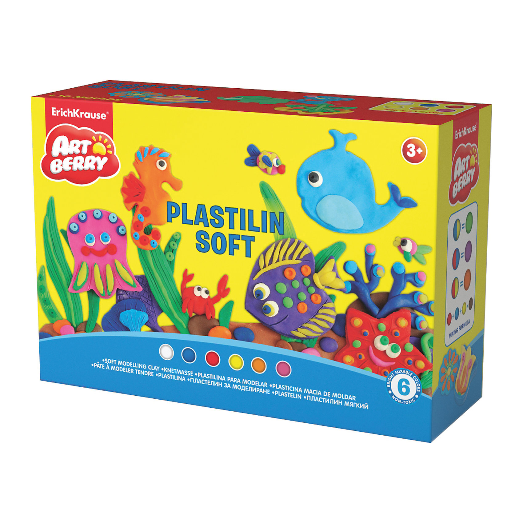 Пластилин мягкий Artberry по Play in Clay 6 цветов по 50г Пластилин мягкий Artberry по Play in Clay 6 цветов по 50гЛепка<br>Пластилин мягкий Artberry по Play in Clay 6 цветов по 50г.<br><br>Характеристики:<br><br>• В набор входит: 6 брусочков пластилина, 8 формочек, ножичек, валик, инструкция<br>• Размер упаковки: 22,5 * 8 * 15,5 см.<br>• Вес: 577 г.<br>• Для детей в возрасте: от 3-х лет<br>• Страна производитель: Китай<br><br>Пластилин этой серии изготовлен на основе кукурузного крахмала, легко разминается и не застывает на воздухе, в состав также входит вазелиновое масло, ухаживающее за ручками. Этот набор включает в себя шесть ярких цветов, которые позволят вылепить любой шедевр. Кроме того, в набор входят целых восемь формочек с растениями и животными. <br><br>С помощью безопасного ножичка вы сможете отрезать кусочки и вырезать детали животных и растений, а благодаря валику можно будет раскатывать пластилин как тесто. Занимаясь лепкой дети развивают моторику рук, творческие способности, восприятие цветов и их сочетаний, а также лепка благотворно влияет на развитие речи, координацию движений, память и логическое мышление. Лепка всей семьей поможет весело и пользой провести время!<br><br>Пластилин мягкий Artberry по Play in Clay 6 цветов по 50г. можно купить в нашем интернет-магазине.<br><br>Ширина мм: 226<br>Глубина мм: 155<br>Высота мм: 78<br>Вес г: 577<br>Возраст от месяцев: 60<br>Возраст до месяцев: 216<br>Пол: Унисекс<br>Возраст: Детский<br>SKU: 5409346