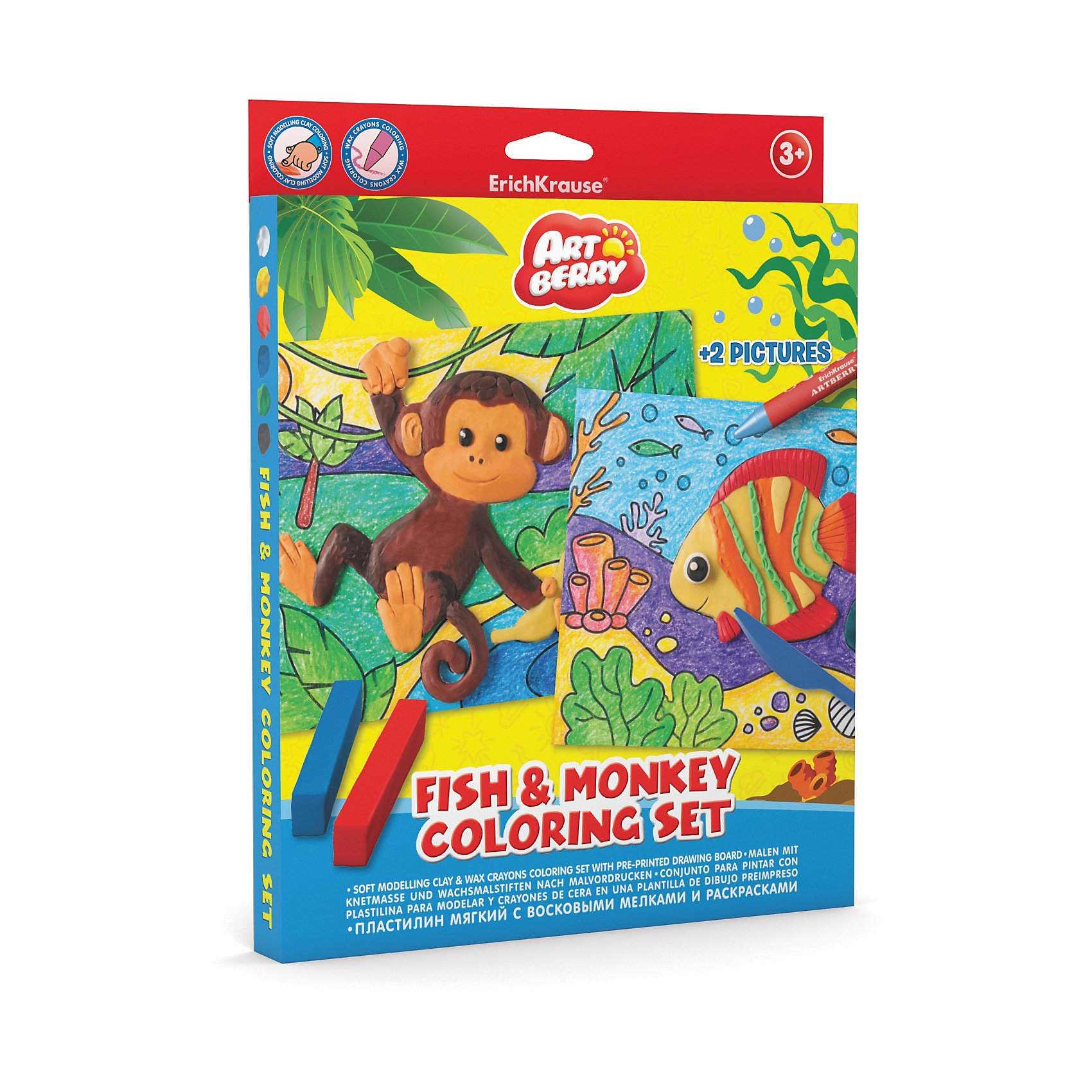 Набор для творчества Fish & Monkey Coloring Set Artberry Набор для творчества Fish & Monkey Coloring Set ArtberryРисование<br>Характеристики товара:<br><br>• материал упаковки: картон <br>• в комплекте: пластилин – 6 цветов, мелки восковые – 8 цветов, раскраска – 2 шт<br>• возраст: от 3 лет<br>• габариты упаковки: 23х30х25 см<br>• вес: 272 г<br>• страна производитель: Россия<br><br>Набор для творчества включает в себя полезные товары для юных художников. В нем есть раскраски и специальные восковые мелки к ним. А яркий и мягкий пластилин оценят все маленькие скульпторы!<br><br>Набор для творчества Fish & Monkey Coloring Set Artberry можно купить в нашем интернет-магазине.<br><br>Ширина мм: 230<br>Глубина мм: 300<br>Высота мм: 25<br>Вес г: 272<br>Возраст от месяцев: 36<br>Возраст до месяцев: 2147483647<br>Пол: Унисекс<br>Возраст: Детский<br>SKU: 5409352