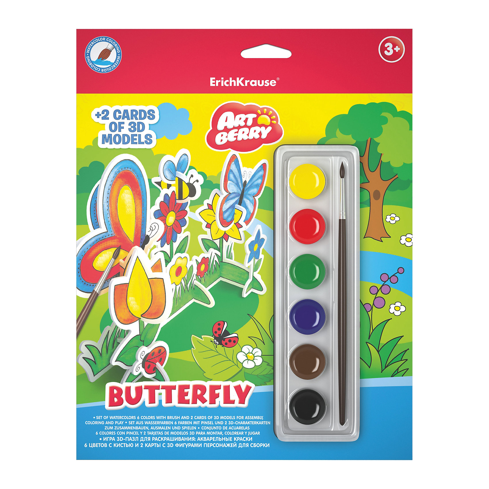 Игровой 3D-пазл для раскрашивания Бабочка, Artberry Игровой 3D-пазл для раскрашивания Бабочка, ArtberryРисование<br>Характеристики товара:<br><br>• материал: гофрокартон <br>• в комплекте: модель для сборки и раскрашивания, краски акварельные – 6 цветов<br>• возраст: от 3 лет<br>• габариты упаковки: 23х30х2,5 см<br>• вес: 162 г<br>• страна производитель: Россия<br><br>Пазлы в формате 3Д – отличная игрушка для развития мышления и мелкой моторики малыша. Пользу игрушке добавляет возможность раскрашивания готовой модели, которая развивает творческие способности ребенка. Все необходимое уже включено в набор.<br><br>Игровой 3D-пазл для раскрашивания Бабочка от бренда Artberry можно купить в нашем интернет-магазине.<br><br>Ширина мм: 230<br>Глубина мм: 300<br>Высота мм: 25<br>Вес г: 162<br>Возраст от месяцев: 36<br>Возраст до месяцев: 2147483647<br>Пол: Унисекс<br>Возраст: Детский<br>SKU: 5409360