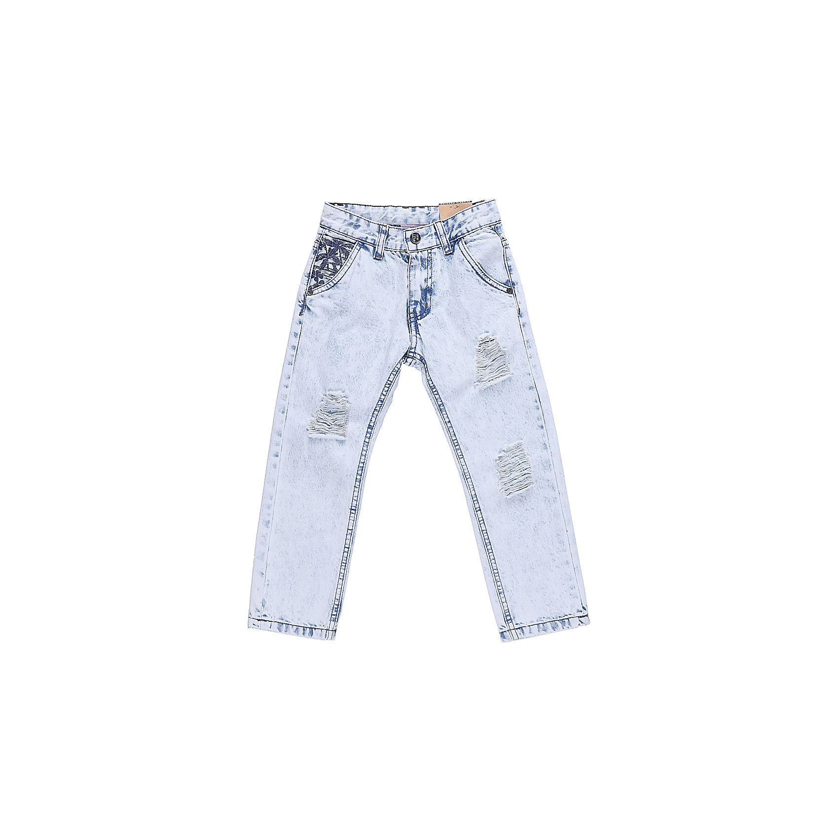Джинсы для мальчика Sweet Berry Джинсы для мальчика Sweet BerryДжинсовая одежда<br>Джинсы для мальчика с оригинальной варкой. Декорированы эффектом рваной джинсы. Зауженный крой, средняя посадка. Застегиваются на молнию и пуговицу. Шлевки на поясе рассчитаны под ремень. В боковой части пояса находятся вшитые эластичные ленты, регулирующие посадку по талии.<br>Состав:<br>100%хлопок<br><br>Ширина мм: 215<br>Глубина мм: 88<br>Высота мм: 191<br>Вес г: 336<br>Цвет: голубой<br>Возраст от месяцев: 36<br>Возраст до месяцев: 48<br>Пол: Мужской<br>Возраст: Детский<br>Размер: 104,98,110,116,122,128<br>SKU: 5410680