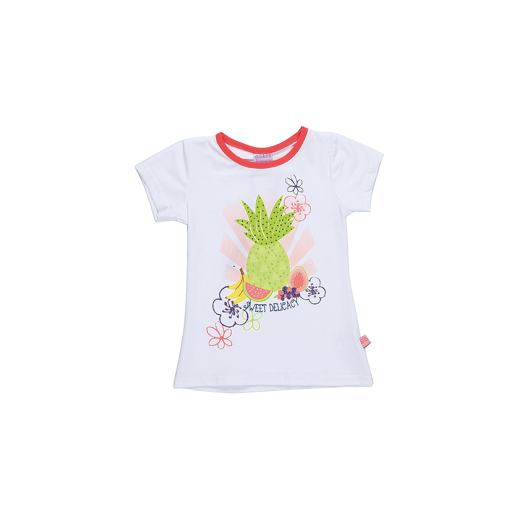 Футболка для девочки Sweet Berry Футболка для девочки Sweet BerryФутболки, топы<br>Характеристики товара:<br><br>• цвет: белый<br>• состав: 95% хлопок, 5% эластан<br>• декорирована принтом в виде фруктов<br>• короткие рукава<br>• мягкий трикотаж<br>• округлый горловой вырез<br>• страна бренда: Российская Федерация<br><br>Футболку для девочки от популярного бренда Sweet Berry (Свит Берри) можно купить в нашем интернет-магазине.<br><br>Ширина мм: 199<br>Глубина мм: 10<br>Высота мм: 161<br>Вес г: 151<br>Цвет: белый<br>Возраст от месяцев: 12<br>Возраст до месяцев: 18<br>Пол: Женский<br>Возраст: Детский<br>Размер: 86,80,92,98<br>SKU: 5410846
