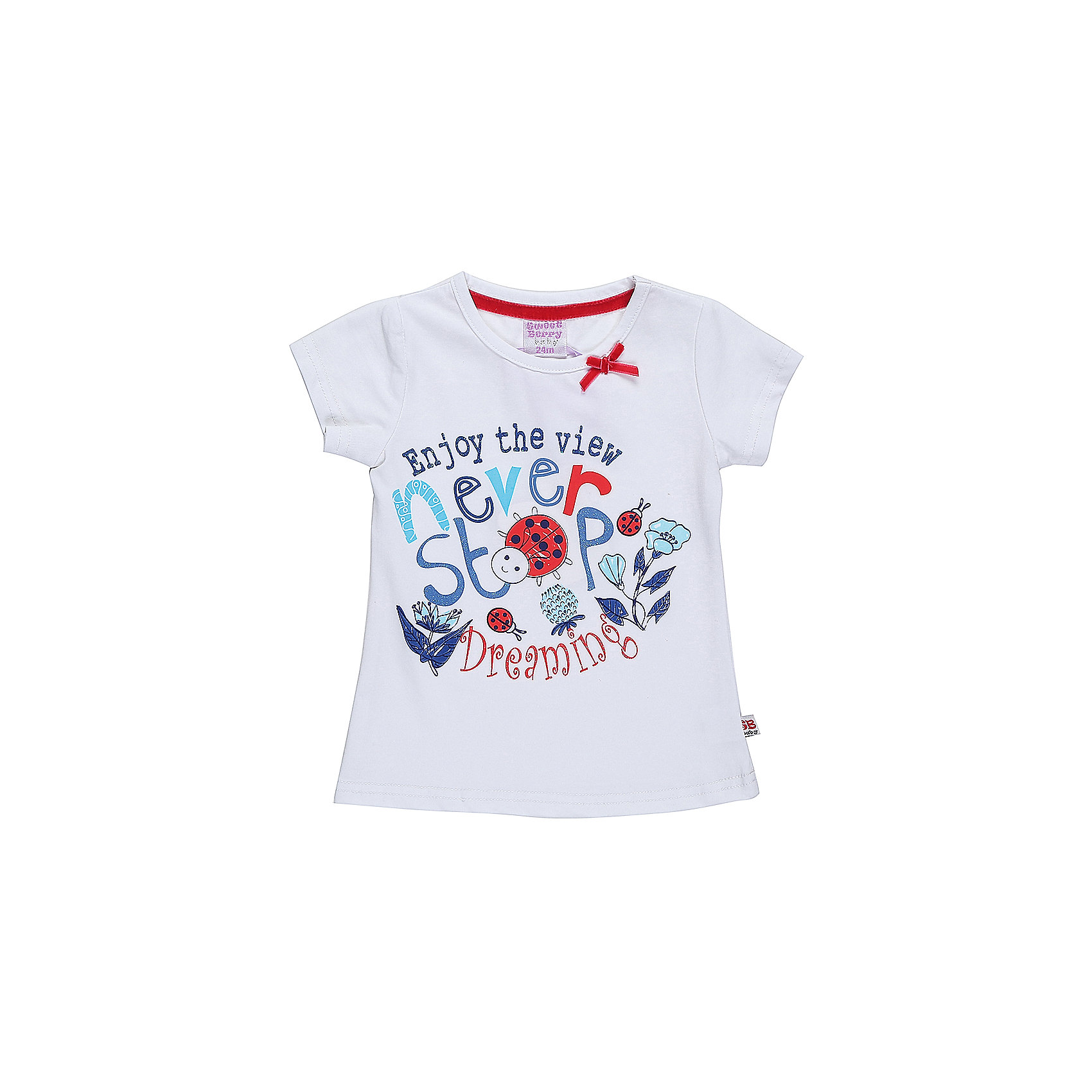 Футболка для девочки Sweet Berry Футболка для девочки Sweet BerryФутболки, поло и топы<br>Хлопковая футболка для девочки с оригинальной надписью и принтом. Горловина декорирована милым бантиком.<br>Состав:<br>95%хлопок 5%эластан<br><br>Ширина мм: 199<br>Глубина мм: 10<br>Высота мм: 161<br>Вес г: 151<br>Цвет: белый<br>Возраст от месяцев: 12<br>Возраст до месяцев: 15<br>Пол: Женский<br>Возраст: Детский<br>Размер: 80,86,92,98<br>SKU: 5410964