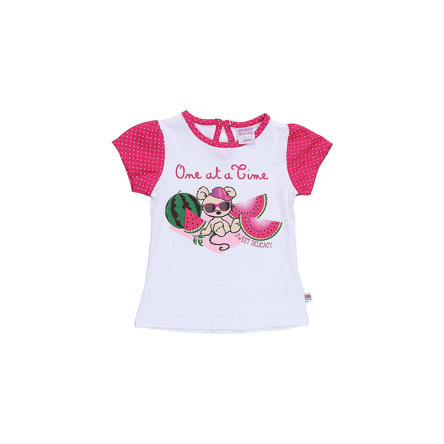 Футболка для девочки Sweet Berry Футболка для девочки Sweet BerryФутболки, топы<br>Хлопковая футболка для девочки с оригинальным принтом. Короткий рукав, приталенный крой. Застежка на пуговке на спинке. Горловина выполнена из контрастной ткани.<br>Состав:<br>95%хлопок 5%эластан<br><br>Ширина мм: 199<br>Глубина мм: 10<br>Высота мм: 161<br>Вес г: 151<br>Цвет: белый<br>Возраст от месяцев: 12<br>Возраст до месяцев: 15<br>Пол: Женский<br>Возраст: Детский<br>Размер: 80,86,92,98<br>SKU: 5411328