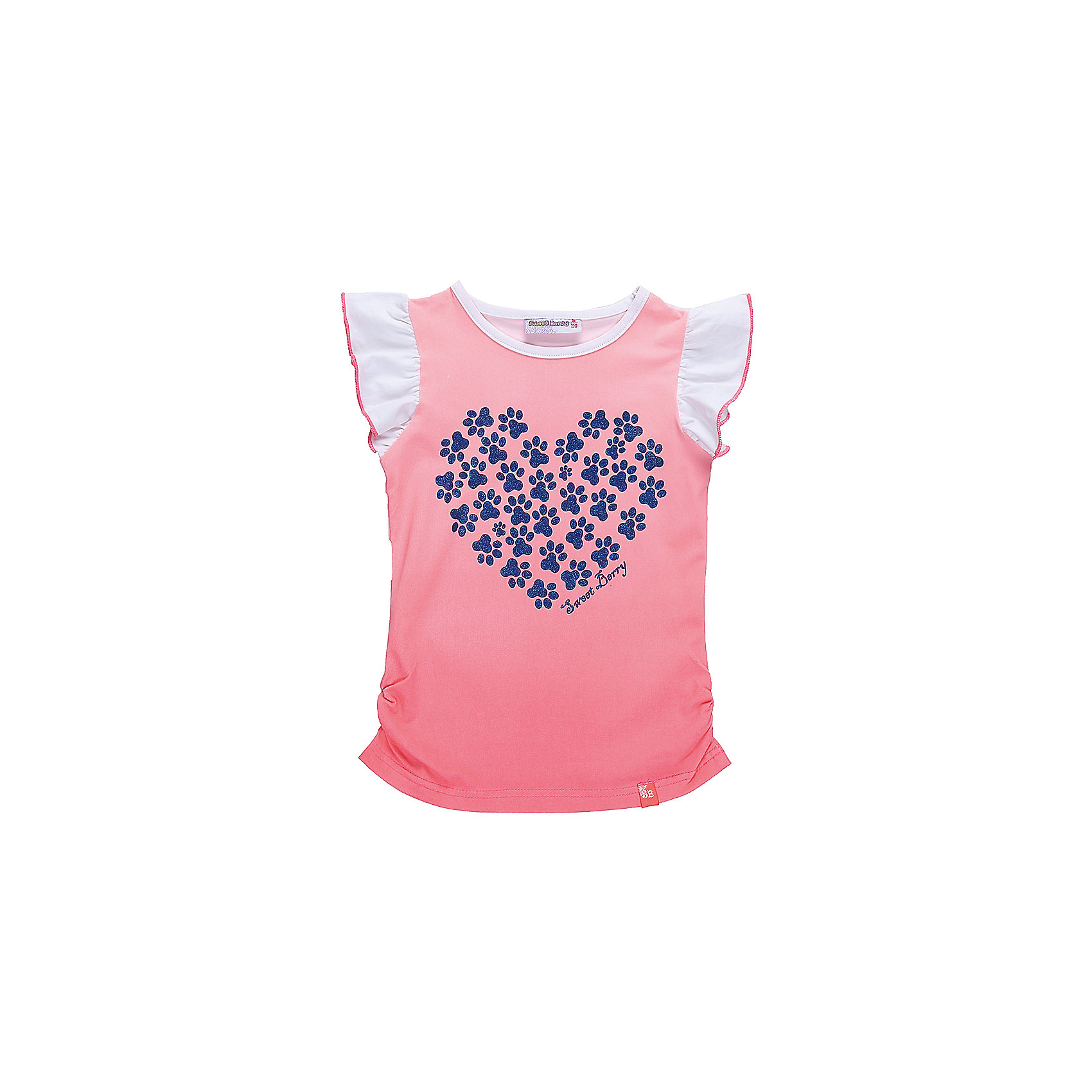 Футболка для девочки Sweet Berry Футболка для девочки Sweet BerryФутболки, поло и топы<br>Футболка из трикотажной, мягкой ткани для девочки. Рукава-воланы. Декорированна аппликацией. Приталенный крой. Края футболки собраны на мягкую резинку.<br>Состав:<br>95%хлопок 5%эластан<br><br>Ширина мм: 199<br>Глубина мм: 10<br>Высота мм: 161<br>Вес г: 151<br>Цвет: разноцветный<br>Возраст от месяцев: 36<br>Возраст до месяцев: 48<br>Пол: Женский<br>Возраст: Детский<br>Размер: 104,98,110,116,122,128<br>SKU: 5412293