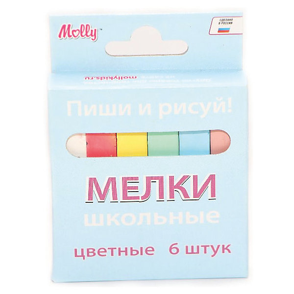 Мел школьный цветной, 6 шт Мел школьный цветной, 6 штМелки для асфальта<br>Характеристики школьного цветного мела:<br><br>• возраст: от 6 лет<br>• пол: для мальчиков и девочек<br>• материал: картон, пластик, краска.<br>• размер упаковки: 10х12х1 см.<br>• упаковка: картонная коробка.<br>• бред: Molly (Молли)<br>• страна обладатель бренда: Россия.<br><br>Цветные мелки российского производителя Molly позволят вашему малышу проявить свои творческие способности. Рисование мелом – это отличная возможность для самовыражения, а также развития художественных способностей. Фантазия маленького автора ограничена только размером холста, которым может служить как асфальтовая дорожка или школьная доска, так и обычная бумага или ткань. <br><br>Мелки имеют удобные размер и форму, не крошатся, не царапаются и легко счищаются, если попали на одежду. Несколько расцветок мелков, которые представлены в наборе, позволят маленькому художнику создавать разноцветные рисунки с использованием зеленого, голубого, белого, желтого, розового и красного цветов.<br><br>Мел школьный цветной торговой марки Molly (Молли) можно купить в нашем интернет-магазине.<br><br>Ширина мм: 83<br>Глубина мм: 15<br>Высота мм: 75<br>Вес г: 120<br>Возраст от месяцев: 72<br>Возраст до месяцев: 144<br>Пол: Унисекс<br>Возраст: Детский<br>SKU: 5417719