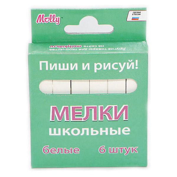 Мел школьный белый, 6 шт Мел школьный белый, 6 штМелки для асфальта<br>Характеристики школьного белого мела:<br><br>• возраст: от 6 лет<br>• пол: для мальчиков и девочек<br>• цвет: белый<br>• материал: картон, пластик, краска.<br>• размер упаковки: 7x5x1 см<br>• упаковка: картонная коробка.<br>• бред: Molly (Молли)<br>• страна обладатель бренда: Россия<br><br>Мел 6 шт. белый в картонной коробке подходит для рисования на школьной доске, асфальте бумаге или ткани. Изготовлен из сульфата кальция. Не царапает поверхности, легко стирается с поверхностей. Не пачкает руки и одежду.<br><br>Мелки школьный белый торговой марки Molly (Молли) можно купить в нашем интернет-магазине.<br><br>Ширина мм: 83<br>Глубина мм: 15<br>Высота мм: 75<br>Вес г: 120<br>Возраст от месяцев: 72<br>Возраст до месяцев: 144<br>Пол: Унисекс<br>Возраст: Детский<br>SKU: 5417720