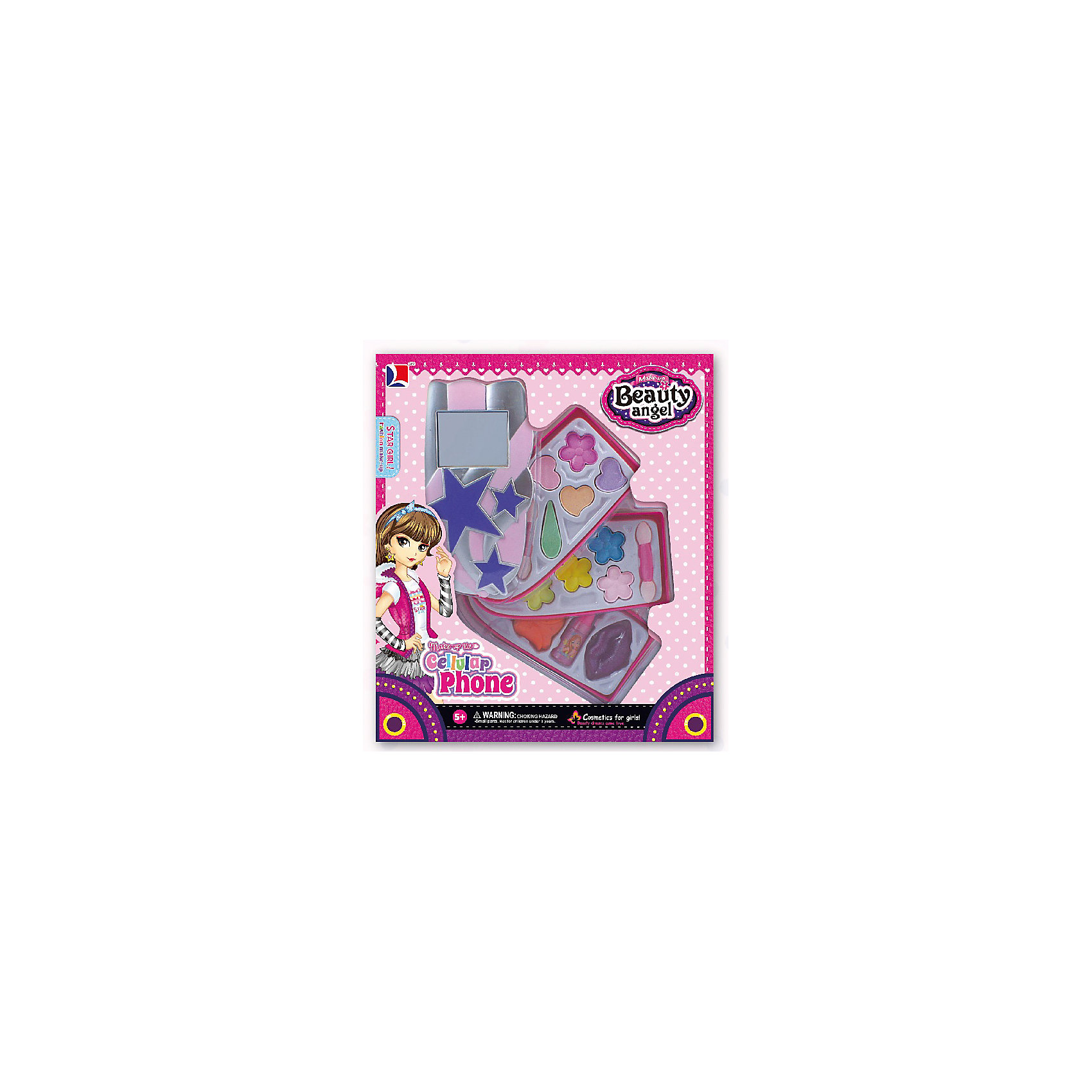 Игровой косметический набор Телефон (2 дизайна в ассортименте), Beauty Angel Игровой косметический набор Телефон (2 дизайна в ассортименте), Beauty AngelКосметика, грим и парфюмерия<br>Характеристики:<br><br>• Вид игрушек: детская косметика<br>• Пол: для девочки<br>• Материал: пластик, натуральные компоненты и красители<br>• Цвет: оттенки розового, голубой, желтый, зеленый, оранжевый и др.<br>• Комплектация: <br> тени для век – 10 тонов<br> блеск для губ – 1 тон<br> губная помада – 1 тон<br> лак для ногтей – 1 тон<br> кисточка – 1 шт.<br>• Форма футляра: телефон<br>• Размер упаковки (Д*Ш*В): 20*5,7*23,3 см<br>• Вес: 193 г<br>• Упаковка: картонная коробка с блистером<br><br>Игровой косметический набор Телефон, Beauty Angel от всемирно известного торгового бренда Dileny, который занимается разработкой, дизайном и выпуском детской декоративной косметики с учетом модных и стильных тенденций мира моды. Линейка наборов Beauty Angel представляет собой косметические наборы в состав которых входят как матовые, так и перламутровые оттенки, аксессуары и инструменты для нанесения макияжа. <br><br>Декоративная косметика от Dileny легко наносится, ложится ровным слоем, не осыпается и легко смывается либо теплой водой, либо детским косметическим маслом. Косметика обладает повышенными гипоаллергенными свойствами и легким ароматом. Игровой косметический набор Телефон, Beauty Angel состоит из 10 оттенков теней для век, блеска для губ, губной помады, лака для ногтей и кисточки. Футляр с тремя отделениями выполнен в форме слоника.<br><br>Игровой косметический набор Телефон, Beauty Angel станет идеальным подарком для девочки к любому празднику.<br><br>Игровой косметический набор Телефон, Beauty Angel можно купить в нашем интернет-магазине.<br><br>Ширина мм: 200<br>Глубина мм: 57<br>Высота мм: 233<br>Вес г: 193<br>Возраст от месяцев: 60<br>Возраст до месяцев: 120<br>Пол: Женский<br>Возраст: Детский<br>SKU: 5418959