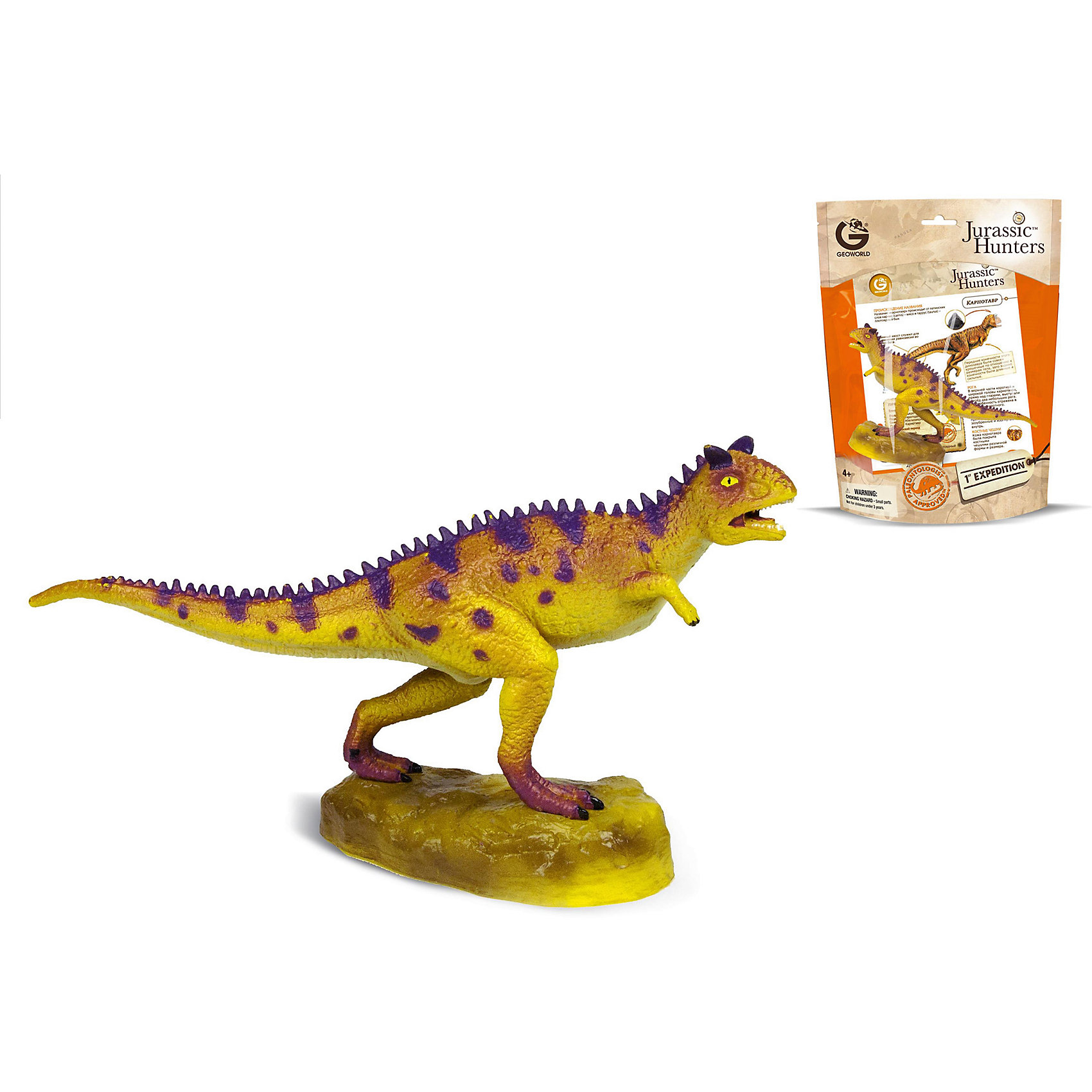 Динозавр Карнотавр, коллекция Jurassic Hunters, Geoworld Динозавр Карнотавр, коллекция Jurassic Hunters, GeoworldДраконы и динозавры<br>Характеристики товара:<br><br>• материал: пластик<br>• возраст: от 4 лет<br>• масштаб: 1:50<br>• в комплекте: 1 фигурка динозавра, страница с научной информацией о динозавре, мини-буклет с указанием полной коллекции Jurassic Hunters (Охотников за Динозаврами)<br>• длина игрушки: 18 см<br>• габариты упаковки: 27х21х8 см<br>• вес: 100 г<br>• страна бренда: Италия<br><br>Детализированная фигурка отлично впишется в коллекцию динозавров юного палеонтолога. Уникальный дизайн, проработанные мелкие детали и художественное исполнение сделали игрушку очень реалистичной и перенесли ее в раздел коллекционных моделей. Материалы, использованные при изготовлении товаров, проходят проверку на качество и соответствие международным требованиям по безопасности.<br>Такие фигурки помогают привить детям любовь к учебе, развить воображение и интерес к коллекционированию.<br><br>Динозавр Карнотавр, коллекция Jurassic Hunter, от бренда Geoworld можно купить в нашем интернет-магазине.<br><br>Ширина мм: 210<br>Глубина мм: 80<br>Высота мм: 270<br>Вес г: 106<br>Возраст от месяцев: 48<br>Возраст до месяцев: 108<br>Пол: Унисекс<br>Возраст: Детский<br>SKU: 5418993