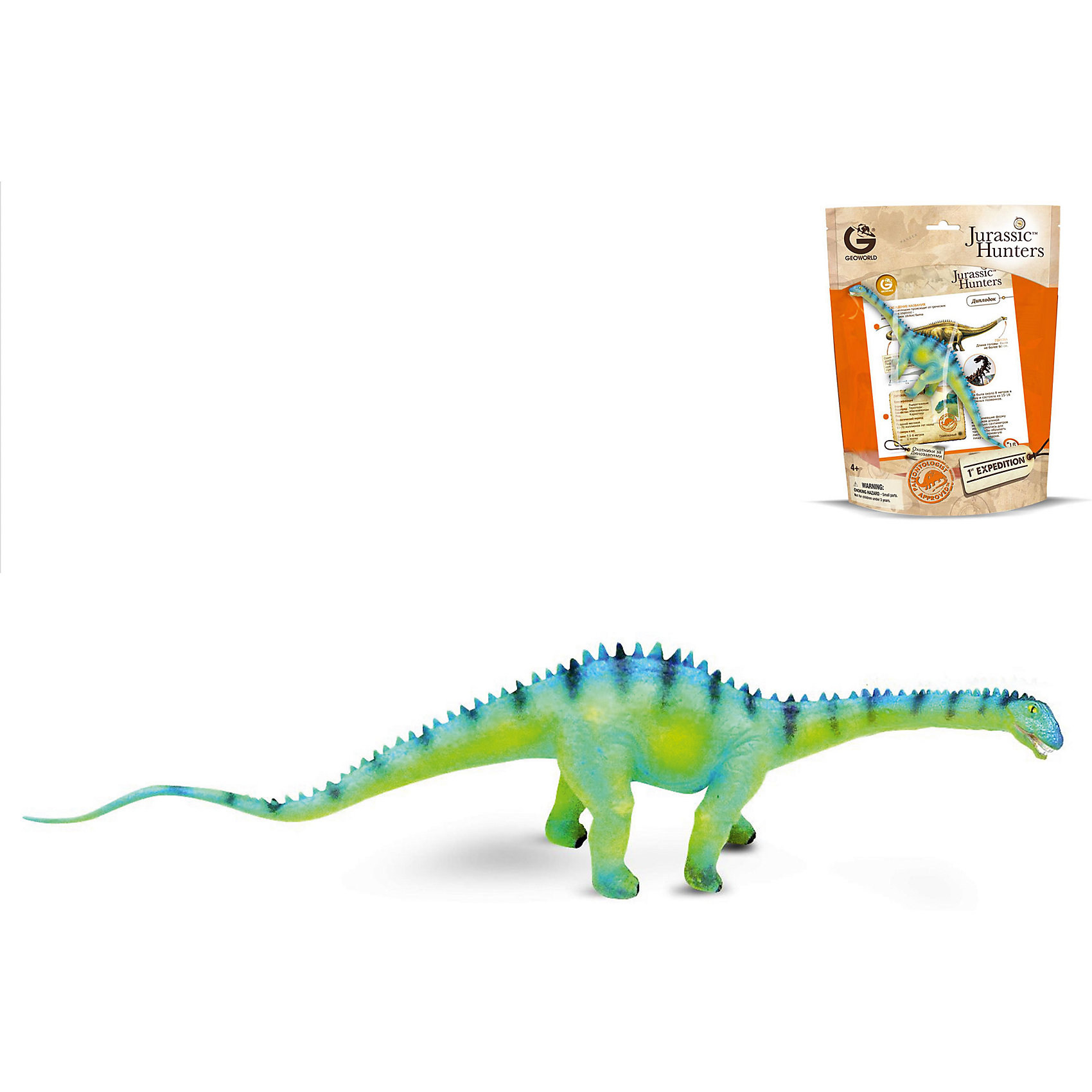 Динозавр Диплодок, коллекция Jurassic Hunters, Geoworld Динозавр Диплодок, коллекция Jurassic Hunters, GeoworldДраконы и динозавры<br>Характеристики товара:<br><br>• материал: пластик<br>• возраст: от 4 лет<br>• длина игрушки: 27 см<br>• масштаб: 1:110<br>• в комплекте: фигурка динозавра, страница с научной информацией о динозавре, мини-буклет с указанием полной коллекции Jurassic Hunters (Охотников за Динозаврами)<br>• габариты упаковки: 27х21х8 см<br>• вес: 100 г<br>• страна бренда: Италия<br><br>Детализированная фигурка отлично впишется в коллекцию динозавров юного палеонтолога. Уникальный дизайн, проработанные мелкие детали и художественное исполнение сделали игрушку очень реалистичной и перенесли ее в раздел коллекционных моделей. Материалы, использованные при изготовлении товаров, проходят проверку на качество и соответствие международным требованиям по безопасности.<br>Такие фигурки помогают привить детям любовь к учебе, развить воображение и интерес к коллекционированию.<br><br>Динозавр Диплодок, коллекция Jurassic Hunter, от бренда Geoworld можно купить в нашем интернет-магазине.<br><br>Ширина мм: 210<br>Глубина мм: 80<br>Высота мм: 270<br>Вес г: 111<br>Возраст от месяцев: 48<br>Возраст до месяцев: 108<br>Пол: Унисекс<br>Возраст: Детский<br>SKU: 5418994