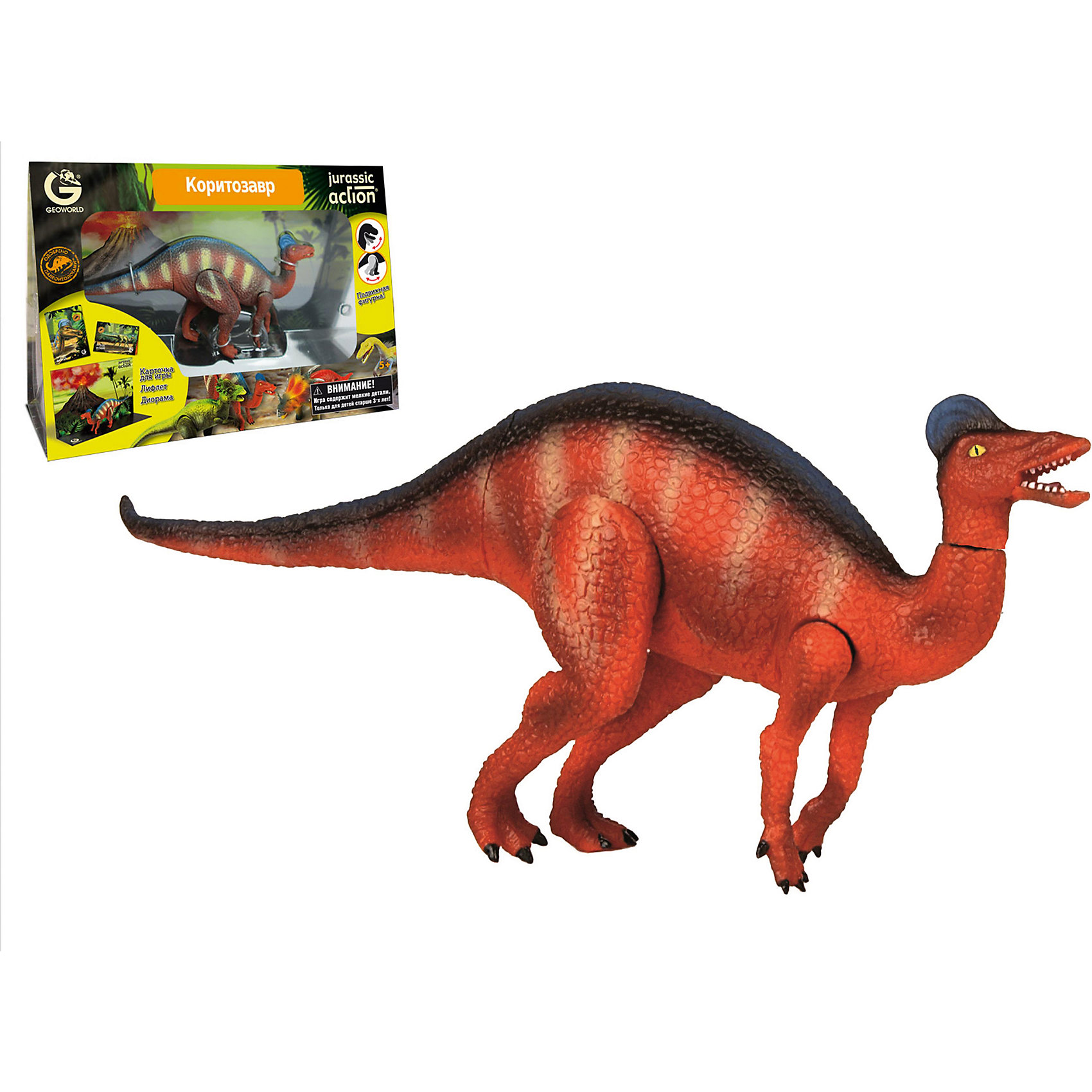 Динозавр Коритозавр, коллекция Jurassic Action, Geoworld Динозавр Коритозавр, коллекция Jurassic Action, GeoworldДраконы и динозавры<br>Характеристики товара:<br><br>• материал: пластик, картон<br>• фигурка подвижная<br>• возраст: от 4 лет<br>• габариты упаковки: 23х11х33 см<br>• комплектация: фигурка динозавра, карточка, диорама<br>• вес: 300 г<br>• страна бренда: Италия<br><br>Детализированная фигурка отлично впишется в коллекцию динозавров юного палеонтолога. Уникальный дизайн, проработанные мелкие детали и художественное исполнение сделали игрушку очень реалистичной и перенесли ее в раздел коллекционных моделей. Материалы, использованные при изготовлении товаров, проходят проверку на качество и соответствие международным требованиям по безопасности.<br><br>У фигурки подвижны конечности и голова, поэтому ей можно придавать разные позы. Также в наборе идет карточка, описывающая этого динозавра, и буклет. Плюс - диорама со средой обитания динозавра. Такие фигурки помогают привить детям любовь к учебе, развить воображение и интерес к коллекционированию.<br><br>Динозавр Коритозавр, коллекция Jurassic Action, от бренда Geoworld можно купить в нашем интернет-магазине.<br><br>Ширина мм: 230<br>Глубина мм: 110<br>Высота мм: 330<br>Вес г: 316<br>Возраст от месяцев: 60<br>Возраст до месяцев: 108<br>Пол: Унисекс<br>Возраст: Детский<br>SKU: 5418998