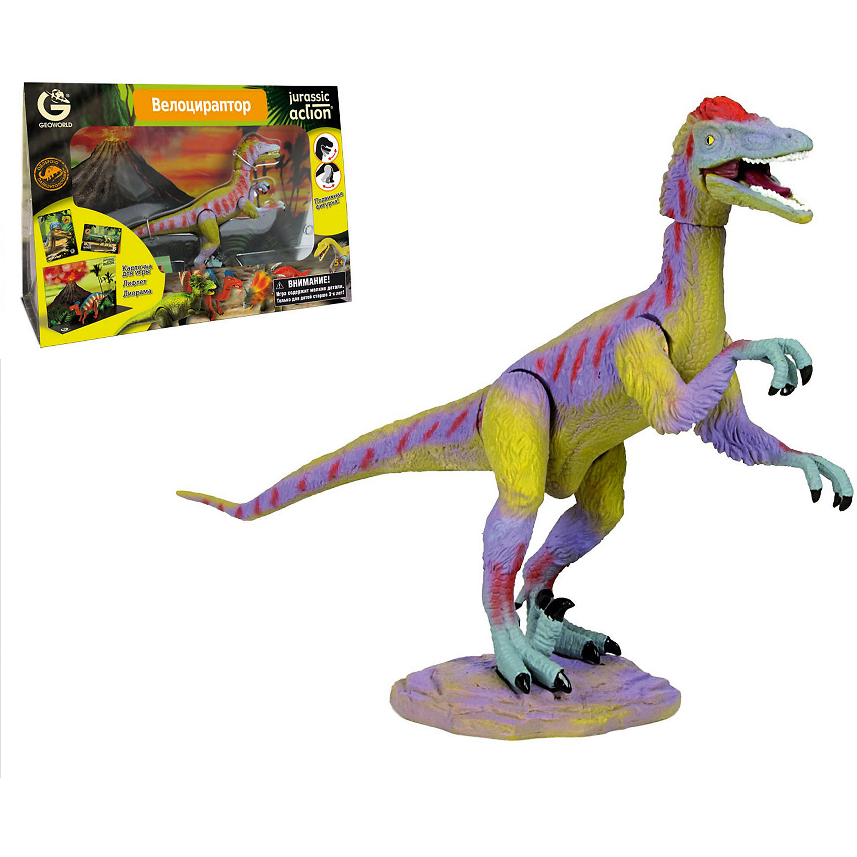 Динозавр Велоцираптор, коллекция Jurassic Action, Geoworld Динозавр Велоцираптор, коллекция Jurassic Action, GeoworldДраконы и динозавры<br>Характеристики товара:<br><br>• материал: пластик, картон<br>• фигурка подвижная<br>• возраст: от 4 лет<br>• габариты упаковки: 23х11х33 см<br>• комплектация: фигурка динозавра, карточка, буклет, диорама<br>• вес: 400 г<br>• страна бренда: Италия<br><br>Детализированная фигурка отлично впишется в коллекцию динозавров юного палеонтолога. Уникальный дизайн, проработанные мелкие детали и художественное исполнение сделали игрушку очень реалистичной и перенесли ее в раздел коллекционных моделей. Материалы, использованные при изготовлении товаров, проходят проверку на качество и соответствие международным требованиям по безопасности.<br><br>У фигурки подвижны конечности и голова, поэтому ей можно придавать разные позы. Также в наборе идет карточка, описывающая этого динозавра, и буклет. Плюс - диорама со средой обитания динозавра. Такие фигурки помогают привить детям любовь к учебе, развить воображение и интерес к коллекционированию.<br><br>Динозавр Велоцираптор, коллекция Jurassic Action, от бренда Geoworld можно купить в нашем интернет-магазине.<br><br>Ширина мм: 230<br>Глубина мм: 110<br>Высота мм: 330<br>Вес г: 422<br>Возраст от месяцев: 60<br>Возраст до месяцев: 108<br>Пол: Унисекс<br>Возраст: Детский<br>SKU: 5419000