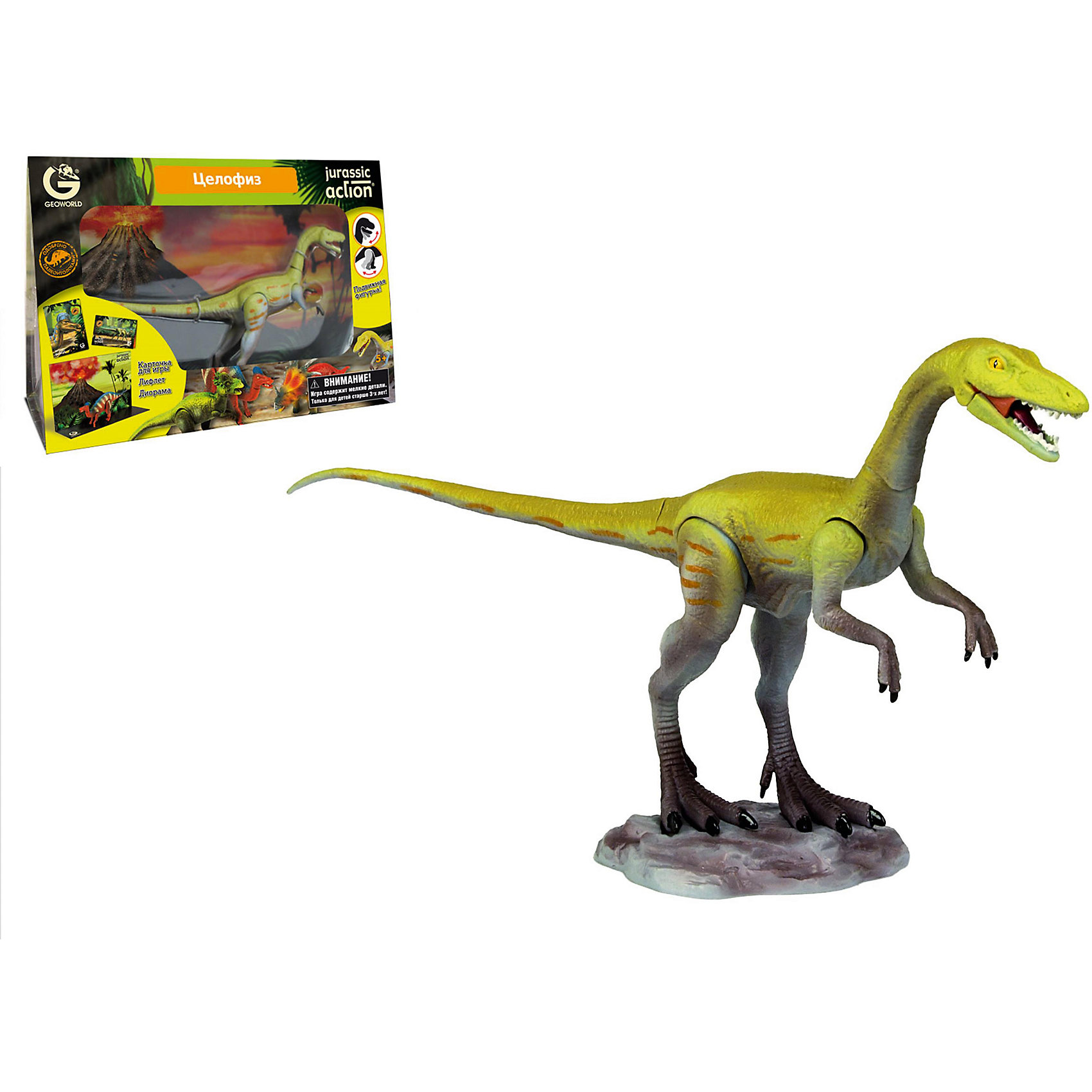 Динозавр Целофиз, коллекция Jurassic Action, Geoworld Динозавр Целофиз, коллекция Jurassic Action, GeoworldДраконы и динозавры<br>Характеристики товара:<br><br>• материал: пластик, картон<br>• фигурка подвижная<br>• возраст: от 4 лет<br>• габариты упаковки: 23х11х33 см<br>• комплектация: фигурка динозавра, карточка, буклет, диорама<br>• вес: 400 г<br>• страна бренда: Италия<br><br>Детализированная фигурка отлично впишется в коллекцию динозавров юного палеонтолога. Уникальный дизайн, проработанные мелкие детали и художественное исполнение сделали игрушку очень реалистичной и перенесли ее в раздел коллекционных моделей. Материалы, использованные при изготовлении товаров, проходят проверку на качество и соответствие международным требованиям по безопасности.<br><br>У фигурки подвижны конечности и голова, поэтому ей можно придавать разные позы. Также в наборе идет карточка, описывающая этого динозавра, и буклет. Плюс - диорама со средой обитания динозавра. Такие фигурки помогают привить детям любовь к учебе, развить воображение и интерес к коллекционированию.<br><br>Динозавр Целофиз, коллекция Jurassic Action, от бренда Geoworld можно купить в нашем интернет-магазине.<br><br>Ширина мм: 230<br>Глубина мм: 110<br>Высота мм: 330<br>Вес г: 378<br>Возраст от месяцев: 60<br>Возраст до месяцев: 108<br>Пол: Унисекс<br>Возраст: Детский<br>SKU: 5419001