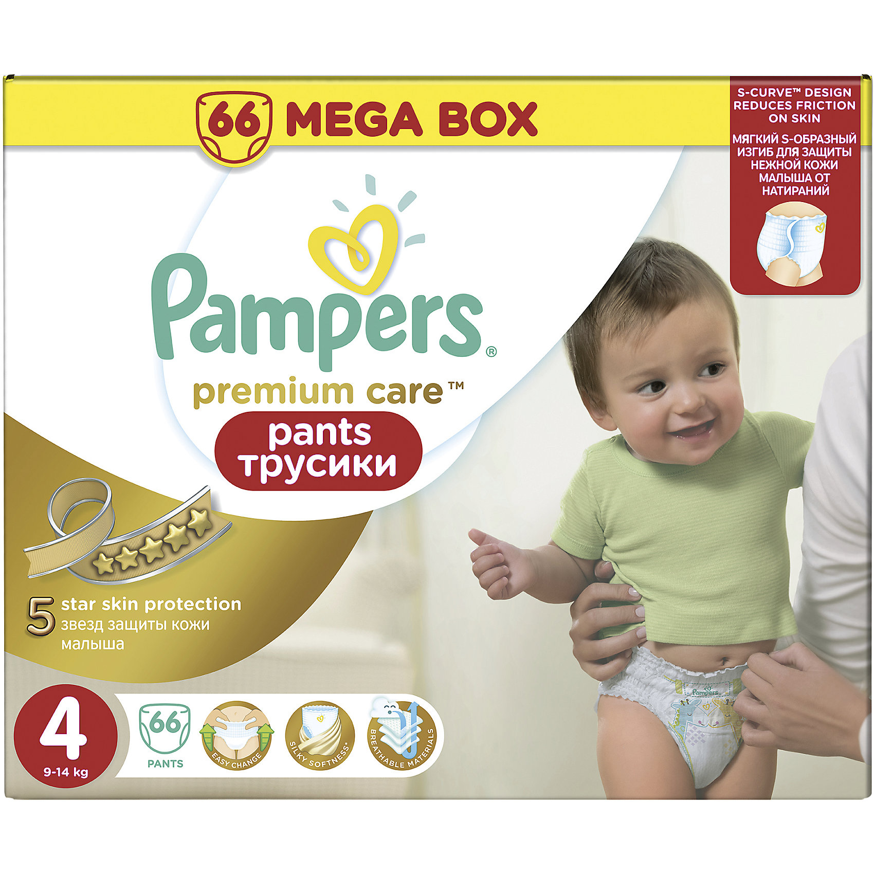 Подгузники-трусики Pampers Premium Care Pants, 9-14кг, размер 4, 66 шт., Pampers Подгузники-трусики Pampers Premium Care Pants, 9-14кг, размер 4, 66 шт., PampersТрусики-подгузники<br>Характеристики:<br><br>• Вид подгузника: трусики<br>• Пол: универсальный<br>• Тип подгузника: одноразовый<br>• Коллекция: Premium Care<br>• Предназначение: для использования в любое время суток <br>• Размер: 4<br>• Вес ребенка: от 9 до 14 кг<br>• Количество в упаковке: 66 шт.<br>• Упаковка: картонная коробка<br>• Размер упаковки: 36*23,9*30,3 см<br>• Вес в упаковке: 2 кг 477 г<br>• Наружные боковые швы<br>• Подходят для чувствительной кожи<br>• Индикатор влаги<br>• Дышащие материалы<br>• Повышенные впитывающие свойства<br><br>Трусики Pampers Premium Care Pants, 9-14 кг, размер 4, 66 шт., Pampers – это новейшая линейка детских подгузников от Pampers, которая сочетает в себе высокое качество и безопасность материалов, удобство использования и комфорт для нежной кожи малыша. Подгузники выполнены в виде трусиков и предназначены для детей весом до 14 кг. Инновационные технологии и современные материалы обеспечивают этим подгузникам Дышащие свойства, что особенно важно для кожи малыша. <br><br>Три впитывающих слоя обеспечивают повышенные впитывающие качества, при этом верхний слой остается сухим и мягким. У трусиков предусмотрена эластичная мягкая резиночка на спинке и манжеты на ножках, что защищает от протекания. У изделия имеется индикатор сухости-влажности: полоска, которая по мере наполнения меняет цвет. Боковые наружные швы не натирают нежную кожу малыша, легко разрываются при смене трусиков. Сзади имеется клейкая лента, которая позволяет зафиксировать свернутые после использования трусики. Трусики подходит как для мальчиков, так и для девочек. <br><br>Трусики Pampers Premium Care Pants, 9-14 кг, размер 4, 66 шт., Pampers можно купить в нашем интернет-магазине.<br><br>Ширина мм: 360<br>Глубина мм: 239<br>Высота мм: 303<br>Вес г: 2477<br>Возраст от месяцев: 6<br>Возраст до месяцев: 18<br>Пол: Унисекс<br>Возраст: Детский<br>SKU: 5419040