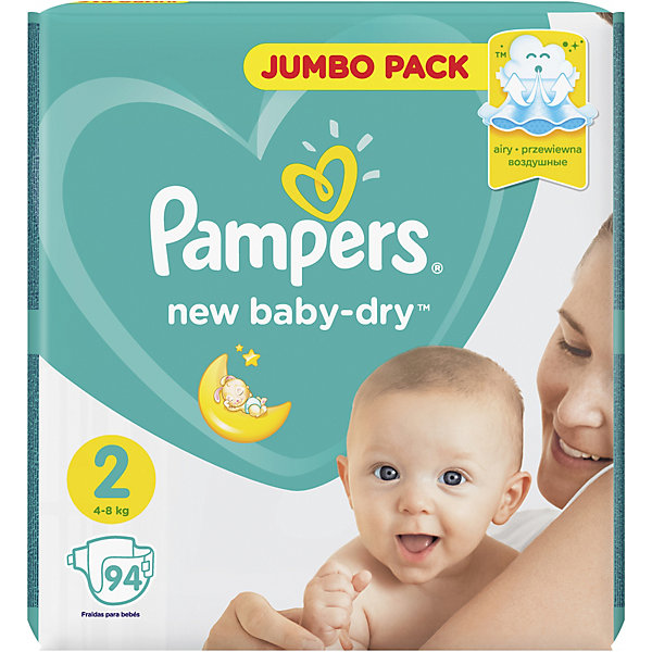 Подгузники Pampers New Baby-Dry, 3-6 кг, 2 размер, 94 шт., Pampers Подгузники Pampers New Baby-Dry, 3-6 кг, 2 размер, 94 шт., PampersПодгузники классические<br>Характеристики:<br><br>• Пол: универсальный<br>• Тип подгузника: одноразовый<br>• Коллекция: New Baby-Dry<br>• Предназначение: для использования в любое время суток <br>• Размер: 2<br>• Вес ребенка: от 3 до 6 кг<br>• Количество в упаковке: 94 шт.<br>• Упаковка: пакет<br>• Размер упаковки: 36,8*11,4*35,8 см<br>• Вес в упаковке: 1 кг 909 г<br>• Эластичные застежки-липучки<br>• Быстро впитывающий слой<br>• Мягкий верхний слой<br>• Сохранение сухости в течение 12-ти часов<br><br>Подгузники Pampers New Baby-Dry, 3-6 кг, 2 размер, 94 шт., Pampers – это линейка классических детских подгузников от Pampers, которая сочетает в себе качество и безопасность материалов, удобство использования и комфорт для нежной кожи малыша. Подгузники предназначены для новорожденных и младенцев весом до 6 кг. Инновационные технологии и современные материалы обеспечивают этим подгузникам Дышащие свойства, что особенно важно для кожи малыша. <br><br>Впитывающие свойства изделию обеспечивает уникальный слой, состоящий из жемчужных микрогранул. У подгузников предусмотрена эластичная мягкая резиночка на спинке. Широкие липучки с двух сторон обеспечивают надежную фиксацию. Подгузник имеет мягкий верхний слой, который обеспечивает не только комфорт, но и защищает кожу ребенка от раздражений. Подгузник подходит как для мальчиков, так и для девочек. <br><br>Подгузники Pampers New Baby-Dry, 3-6 кг, 2 размер, 94 шт., Pampers можно купить в нашем интернет-магазине.<br><br>Ширина мм: 368<br>Глубина мм: 114<br>Высота мм: 358<br>Вес г: 1909<br>Возраст от месяцев: 3<br>Возраст до месяцев: 8<br>Пол: Унисекс<br>Возраст: Детский<br>SKU: 5419077