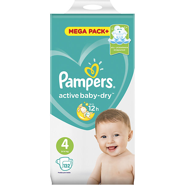 Подгузники Pampers Active Baby-Dry, 8-14 кг, 4 размер, 132 шт., Pampers Подгузники Pampers Active Baby-Dry, 8-14 кг, 4 размер, 132 шт., PampersПодгузники классические<br>Характеристики:<br><br>• Пол: универсальный<br>• Тип подгузника: одноразовый<br>• Коллекция: Active Baby-Dry<br>• Предназначение: для использования в любое время суток <br>• Размер: 4<br>• Вес ребенка: от 8 до 14 кг<br>• Количество в упаковке: 132 шт.<br>• Упаковка: картонная коробка<br>• Размер упаковки: 37,3*23,6*38 см<br>• Вес в упаковке: 4 кг 686 г<br>• Эластичные застежки-липучки<br>• Быстро впитывающий слой<br>• Мягкий верхний слой<br>• Сохранение сухости в течение 12-ти часов<br><br>Подгузники Pampers Active Baby-Dry, 8-14 кг, 4 размер, 132 шт., Pampers – это линейка классических детских подгузников от Pampers, которая сочетает в себе качество и безопасность материалов, удобство использования и комфорт для нежной кожи малыша. Подгузники предназначены для младенцев весом до 14 кг. Инновационные технологии и современные материалы обеспечивают этим подгузникам Дышащие свойства, что особенно важно для кожи малыша. <br><br>Впитывающие свойства изделию обеспечивает уникальный слой, состоящий из жемчужных микрогранул. У подгузников предусмотрена эластичная мягкая резиночка на спинке. Широкие липучки с двух сторон обеспечивают надежную фиксацию. Подгузник имеет мягкий верхний слой, который обеспечивает не только комфорт, но и защищает кожу ребенка от раздражений. Подгузник подходит как для мальчиков, так и для девочек. <br><br>Подгузники Pampers Active Baby-Dry, 8-14 кг, 4 размер, 132 шт., Pampers можно купить в нашем интернет-магазине.<br><br>Ширина мм: 373<br>Глубина мм: 236<br>Высота мм: 380<br>Вес г: 4686<br>Возраст от месяцев: 6<br>Возраст до месяцев: 24<br>Пол: Унисекс<br>Возраст: Детский<br>SKU: 5419088