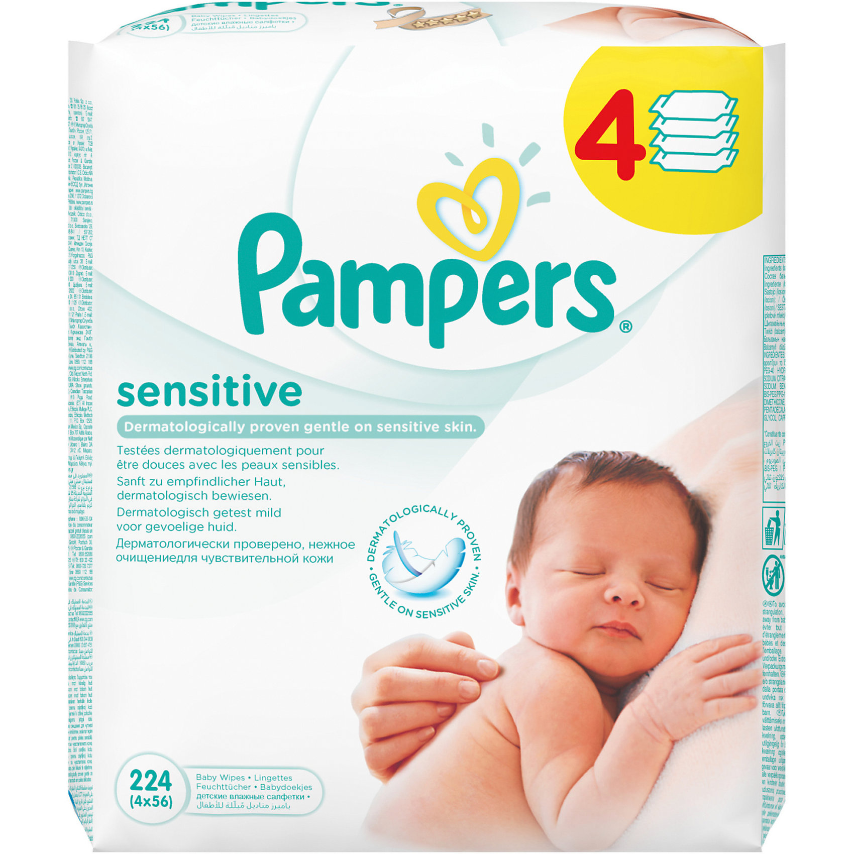 Салфетки детские влажные Pampers Sensitive, 224 шт., Pampers Салфетки детские влажные Pampers Sensitive, 224 шт., PampersВлажные салфетки<br>Характеристики:<br><br>• Пол: универсальный<br>• Тип салфеток: одноразовые<br>• Вид салфеток: влажные<br>• Коллекция: Sensitive<br>• Предназначение: для гигиены<br>• Количество в упаковке: 224 шт.<br>• Материал салфеток: 100% целлюлоза<br>• Состав лосьона: 95% вода, 5% экстракт натуральных масел<br>• Упаковка: полиэтиленовая упаковка с клапаном многоразового использования<br>• Размер упаковки: 17,7*9*21,2 см<br>• Вес в упаковке: 1 кг 819 г<br>• Уплотненная текстура салфеток<br>• Поддерживает естественный ph уровень<br>• Мягкий верхний слой SoftGrip<br>• Не содержат отдушек и спирта<br>• Прошли дерматологические тестирования<br><br>Салфетки детские влажные Pampers Sensitive, 224 шт., Pampers – это линейка детских гигиенических салфеток от Pampers, предназначенных для ухода за нежной кожей новорожденных и младенцев. Салфетки выполнены из 100% целлюлозы, имеют мягкий верхний слой SoftGrip, который не раздражает кожу ребенка во время процедур, при этом хорошо удерживает влагу. <br><br>Изделия пропитаны лосьоном, состоящим из 95% воды и 5% экстракта натуральных масел, что делает эти салфетки гипоаллергенными. Благодаря своему составу салфетки можно использовать для чувствительной кожи. Салфетки упакованы в полиэтиленовую упаковку и защитным клапаном, который обеспечивает длительное сохранение их очищающих свойств и защищает от высыхания.<br><br>Салфетки детские влажные Pampers Sensitive, 224 шт., Pampers можно купить в нашем интернет-магазине.<br><br>Ширина мм: 177<br>Глубина мм: 90<br>Высота мм: 212<br>Вес г: 1819<br>Возраст от месяцев: 0<br>Возраст до месяцев: 36<br>Пол: Унисекс<br>Возраст: Детский<br>SKU: 5419094