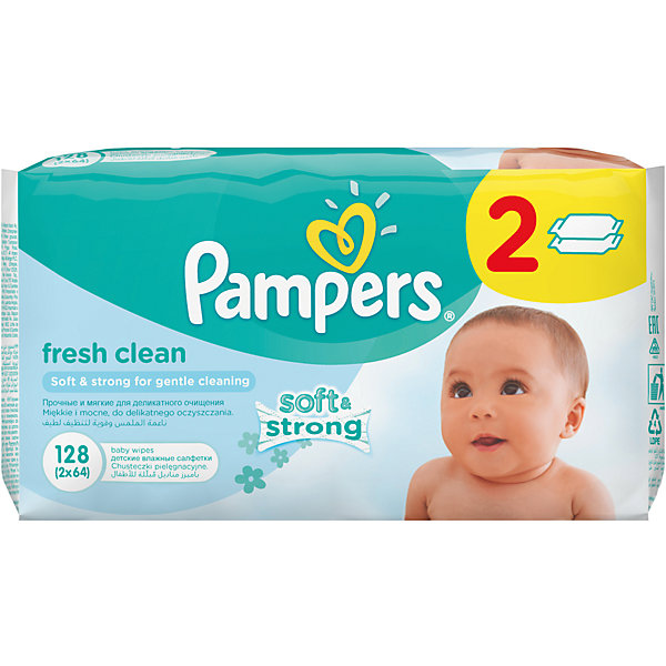 Салфетки детские влажные Pampers Baby Fresh Clean, 128 шт., Pampers Салфетки детские влажные Pampers Baby Fresh Clean, 128 шт., PampersВлажные салфетки<br>Характеристики:<br><br>• Пол: универсальный<br>• Тип салфеток: одноразовые<br>• Вид салфеток: влажные<br>• Коллекция: Baby Fresh Clean<br>• Предназначение: для гигиены<br>• Количество в упаковке: 128 шт.<br>• Материал салфеток: 100% целлюлоза<br>• Упаковка: полиэтиленовая упаковка с пластиковым клапаном многоразового использования<br>• Размер упаковки: 18,5*9,1*9,8 см<br>• Вес в упаковке: 834 г<br>• Поддерживает естественный ph уровень<br>• Мягкий верхний слой SoftGrip<br>• Дополнительное увлажнение<br>• Прошли дерматологические тестирования<br><br>Салфетки детские влажные Pampers Baby Fresh Clean, 128 шт., Pampers – это линейка детских гигиенических салфеток от Pampers, предназначенных для ухода за нежной кожей новорожденных и младенцев. Салфетки выполнены из 100% целлюлозы, имеют мягкий верхний слой SoftGrip, который не раздражает кожу ребенка во время процедур, при этом хорошо удерживает влагу. <br><br>Изделия пропитаны лосьоном, состоящим из 95% воды и 5% экстракта натуральных масел, что делает эти салфетки гипоаллергенными. Благодаря своему составу салфетки можно использовать для чувствительной кожи. Салфетки упакованы в полиэтиленовую упаковку и пластиковым защитным клапаном, что обеспечивает длительное сохранение их очищающих свойств и защищает от высыхания.<br><br>Салфетки детские влажные Pampers Baby Fresh Clean, 128 шт., Pampers можно купить в нашем интернет-магазине.<br><br>Ширина мм: 185<br>Глубина мм: 91<br>Высота мм: 98<br>Вес г: 834<br>Возраст от месяцев: 0<br>Возраст до месяцев: 36<br>Пол: Унисекс<br>Возраст: Детский<br>SKU: 5419096