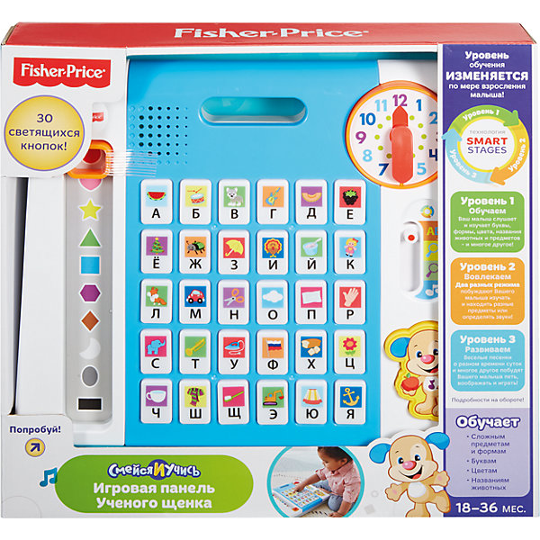 Обучающая панель Ученого Щенка, серия Смейся и учись, Fisher-Price Обучающая панель Ученого Щенка, серия Смейся и учись, Fisher-PriceДетские планшеты и телефоны<br>Характеристики товара:<br><br>• материал: пластик<br>• серия: Смейся и учись<br>• возраст: от 12 месяцев<br>• для работы необходимы 3 батарейки АА. (нет в комплекте)<br>• русифицирован;<br>• оснащен технологией Smart Stages (3 уровня обучения);<br>• 30 светящихся кнопок;<br>• удобная ручка;<br>• обучение предметам, формам, буквам, цветам, названиям животных;<br>• множество песен и звуков;<br>• габариты упаковки: 35х33х6 см<br>• страна бренда: США<br><br>Обучающая панель Ученого щенка познакомит вашего малыша с буквами и поможет ему изучить алфавит в игровой форме! <br><br>С технологией Smart Stages (Уровни обучения) ваш малыш будет изучать буквы, названия предметов и животных, геометрические фигуры и многое другое! <br><br>• Уровень 1-Обучаем: Передвигая рычажок с фигурами, ваш малыш узнает о геометрических фигурах, цветах и формах! <br>• Уровень 2-Вовлекаем: В этом режиме ваш малыш будет угадывать названия предметов и животных, отвечая на вопросы Ученого Щенка. <br>• Уровень 3-Развиваем: Веселые песенки расскажут вашему малышу о времени и часах и превратят обучение в увлекательное приключение!<br><br>Обучайся и развивайся вместе с Fisher Price.<br><br>Товар «Обучающая панель Ученого Щенка, серия Смейся и учись, Fisher-Price» можно приобрести в нашем интернет-магазине.<br><br>Ширина мм: 330<br>Глубина мм: 60<br>Высота мм: 350<br>Вес г: 657<br>Возраст от месяцев: 12<br>Возраст до месяцев: 36<br>Пол: Унисекс<br>Возраст: Детский<br>SKU: 5423286