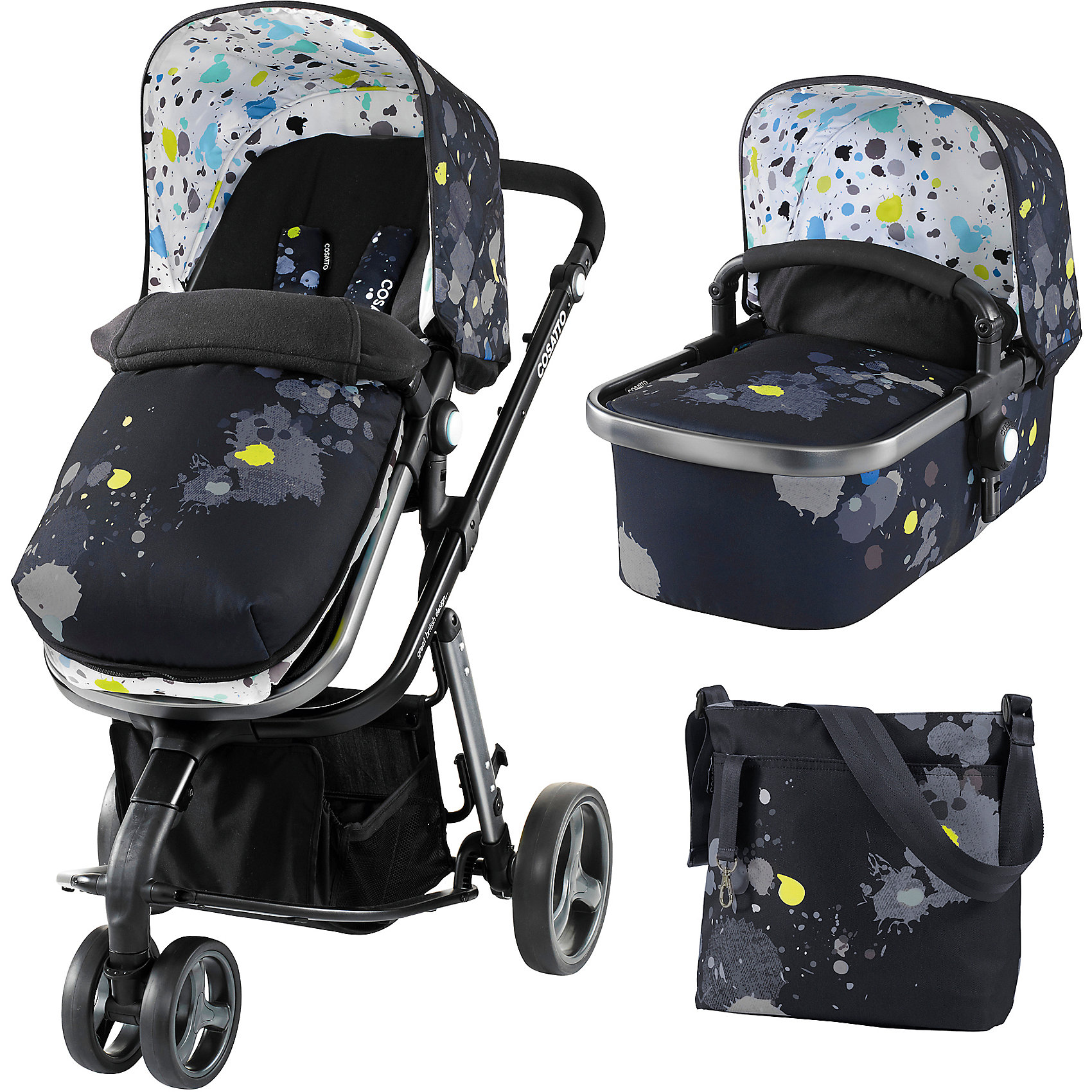 Коляска 2 в 1 Cosatto Giggle, Berlin Коляска 2 в 1 Cosatto Giggle, BerlinКоляски 2 в 1<br>Характеристики коляски<br><br>Люлька:<br><br>• люлька используется с рождения до 6-8 месяцев;<br>• допустимая нагрузка: до 9 кг;<br>• матрасик в комплекте, мягкие бортики люльки;<br>• хлопковая обивка снимается, стирается при температуре 30 градусов;<br>• имеется ручка-бампер для переноски люльки;<br>• ручку можно снять;<br>• петельки для подвесных игрушек;<br>• капюшон регулируется и фиксируется;<br>• накидка на люльку защищает ребенка в прохладную погоду;<br>• материал: алюминий, пластик, полиэстер;<br>• внутренние размеры люльки: 74х31х18 см;<br>• вес: 4,9 кг.<br><br>Прогулочный блок:<br><br>• реверсивное сиденье, 2 способа установки на шасси;<br>• регулируется угол наклона спинки, 4 положения вплоть до горизонтального;<br>• положение подножки регулируется вместе с сиденьем;<br>• защитный бампер при посадке ребенка в прогулочный блок отводится с каждой из сторон или снимается;<br>• система 5-ти точечных ремней безопасности с плечевыми и паховой накладками;<br>• ремни регулируются по длине и высоте;<br>• конверт 4-х сторонний, имеются прорези для ремней безопасности и липучки для крепления;<br>• съемные чехлы прогулочного блока, стирка при температуре 30 градусов;<br>• материал: алюминий, пластик, полиэстер;<br>• ширина сиденья: 39 см;<br>• длина спального места: 85 см;<br>• вес: 4 кг.<br><br>Рама коляски:<br><br>• 3-х колесная коляска, передние сдвоенные поворотные колеса, задние колеса увеличенного диаметра;<br>• ручка коляски регулируется по высоте;<br>• задняя пневматическая подвеска;<br>• корзина для покупок;<br>• тип складывания: книжка;<br>• шасси в сложенном виде: 97х62,5х25 см;<br>• шасси в разложенном виде: 97х62,5х87 см;<br>• высота ручки: 73-104 см;<br>• диаметр колес: 16 см, 23 см;<br>• вес шасси: 6,5 кг.<br><br>Размер коляски: 100х60х100 см<br>Вес в упаковке: 19,5 кг<br><br>Комплектация:<br><br>• люлька с матрасиком;<br>• прогулочный блок с бампером;<br>• матрасик для пеленания;<br>• флисовый конверт с подкладкой, которую можно отстегнуть;<br>• косметичка;<br>• сумка для мамы;<br>• дождевик;<br>• инструкция.<br><br>Коляску 2 в 1 Giggle, Cosatto, Berlin можно купить в нашем интернет-магазине.<br><br>Ширина мм: 1000<br>Глубина мм: 500<br>Высота мм: 400<br>Вес г: 19500<br>Возраст от месяцев: 0<br>Возраст до месяцев: 36<br>Пол: Унисекс<br>Возраст: Детский<br>SKU: 5444509