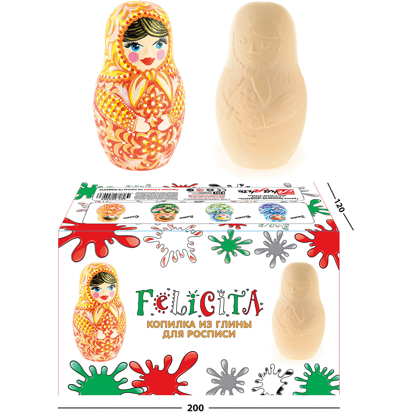 Копилка-раскраска Матрешка Осень, FELICITA Копилка-раскраска Матрешка Осень, FELICITAРисование<br>Копилка-раскраска Матрешка Осень, FELICITA<br><br>Характеристики: <br><br>• Возраст: от 5 лет<br>• Материал: керамика<br>• Высота фигурки: 18 см<br>• Вес: 400 г<br><br>Эта копилка позволяет не только хранить в ней монеты, но и подарит вашему ребенку возможность проявить свои способности как художника. Копилку можно красить, используя различные художественные материалы – гуашь, акрил, пастель, так же ее можно обработать в технике декупажа или иным образом, задействовав всю свою фантазию. <br><br>Копилка изготовлена из высококачественной глины, которая не требует дополнительной грунтовки – ребенок может сразу приступить к работе. Поверхность изделия приятна на ощупь и удобна для обработки.<br><br>Копилку-раскраску Матрешка Осень, FELICITA можно купить в нашем интернет-магазине.<br><br>Ширина мм: 200<br>Глубина мм: 120<br>Высота мм: 120<br>Вес г: 400<br>Возраст от месяцев: 36<br>Возраст до месяцев: 2147483647<br>Пол: Унисекс<br>Возраст: Детский<br>SKU: 5445424