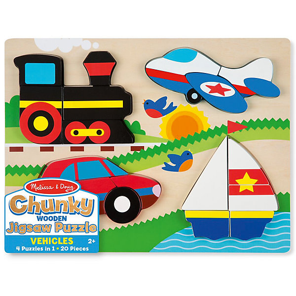 Мои первые пазлы Транспорт, Melissa & Doug Мои первые пазлы Транспорт, Melissa & DougПазлы для малышей<br>Мои первые пазлы Транспорт, Melissa & Doug<br><br>Характеристики:<br><br>• В набор входит: рамка, детали пазла<br>• Количество деталей: 20 шт.<br>• Размер пазла: 40 * 3 * 30 см.<br>• Состав: дерево, картон, ПВХ<br>• Вес: 1430 г.<br>• Для детей в возрасте: от 2 до 4 лет<br>• Страна производитель: Китай<br><br>С этим пазлом вы можете собрать сразу четыре вида транспорта: паровоз, самолёт, машину и парусника. Под каждым видом транспорта расположена соответствующая картинка, чтобы малыш мог сопоставлять детали пазла и размещать их. Каждый вид транспорта состоит из 4х, 5ти или 6ти деталей. Вы можете собирать с ребёнком каждую картинку по отдельности или усложнить задачу перемешав детали всех четырёх видом транспорта. Вы можете выучить цвета, названия видов транспорта и развивать самооценку малыша, ведь он сможет собрать все картинки самостоятельно! <br><br>Мои первые пазлы Транспорт, Melissa & Doug можно купить в нашем интернет-магазине.<br><br>Ширина мм: 400<br>Глубина мм: 30<br>Высота мм: 300<br>Вес г: 1429<br>Возраст от месяцев: 24<br>Возраст до месяцев: 2147483647<br>Пол: Унисекс<br>Возраст: Детский<br>SKU: 5451053