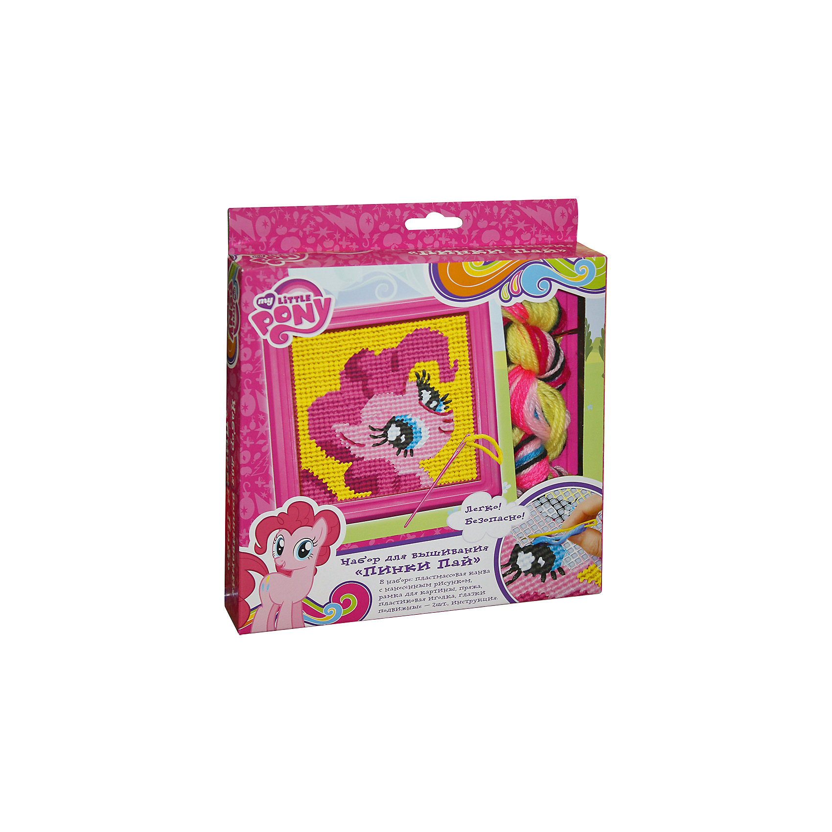 Набор для вышивания Пинки Пай, MyLittlePony Набор для вышивания Пинки Пай, MyLittlePonyРукоделие<br>Характеристики товара:<br><br>• комплектация: пластиковая канва с нанесенным рисунком, пластиковая рамка для картины (18х18 см), 8 цветов шерстяных ниток (по 20 м), пластиковая иголка, инструкция<br>• размер картинки: 16,5х16,5<br>• упаковка: коробка<br>• возраст: от 7 лет<br>• состав: пластик, текстиль<br>• страна бренда: Россия<br>• страна изготовитель: Китай<br><br>Набор для вышивания по пластиковой канве Пинки Пай - это простое и безопасное средство научить юную мастерицу вышивать. Сначала нужно выбрать из мотка 2 нити того цвета, которым окрашен верхний левый угол канвы, вдеть их в пластиковую безопасную иголку, закрепить и выполнять стежки горизонтальными рядами слева направо, двигаясь по канве сверху вниз. <br><br>В наборе для вышивания Пинки Пай ТМ Мой маленький пони 6 предметов: пластиковая канва (16,5х16,5) с нанесенным рисунком, пластиковая рамка для картины (18х18 см), 8 цветов шерстяных ниток (по 20 м), пластиковая иголка, инструкция. <br><br>Набор для вышивания Пинки Пай, MyLittlePony, вы можете приобрести в нашем интернет-магазине.<br><br>Ширина мм: 208<br>Глубина мм: 183<br>Высота мм: 30<br>Вес г: 110<br>Возраст от месяцев: 84<br>Возраст до месяцев: 2147483647<br>Пол: Женский<br>Возраст: Детский<br>SKU: 5453381