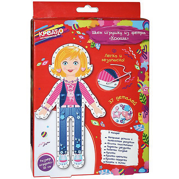 Шьем игрушку из фетра Ксюша, Creatto Шьем игрушку из фетра Ксюша, CreattoШитьё<br>Характеристики товара:<br><br>• комплектация: 2 фетровые детали с нанесенным рисунком и перфорацией для стежков, пластиковая безопасная иголка, подвеска-звездочка, голубые пайетки, бусинки (круглые, цветочки, сердечки), нитки, набивка<br>• размер готовой игрушки: 25 см<br>• упаковка: коробка<br>• возраст: от 5 лет<br>• состав: пластик, текстиль<br>• страна бренда: Россия<br>• страна изготовитель: Китай<br><br>Возьмите фетровые детали и сложите их белой стороной внутрь, совмещая контур фигурки. Вденьте нить в иглу и начните обшивать контур туловища, набивая сначала ручки и ножки. Постепенно набивайте всю игрушку и, закончив соединительный шов, закрепите нить узелком. Украсьте одежду Ксюши бусинками и пайетками, пришейте сердечки на косички в качестве заколочек, создайте бусы и браслетик для Ксюши. <br><br>В наборе «Ксюша» ТМ «Креатто» 37 элементов: 2 фетровые детали с нанесенным рисунком и перфорацией для стежков, пластиковая безопасная иголка, подвеска-звездочка, голубые пайетки, бусинки (круглые, цветочки, сердечки), нитки, набивка. Детали легко сшиваются безопасной иголкой. Размер готовой игрушки: 25 см.<br><br>Шьем игрушку из фетра Ксюша, Creatto, вы можете приобрести в нашем интернет-магазине.<br><br>Ширина мм: 230<br>Глубина мм: 170<br>Высота мм: 40<br>Вес г: 100<br>Возраст от месяцев: 60<br>Возраст до месяцев: 2147483647<br>Пол: Женский<br>Возраст: Детский<br>SKU: 5453382