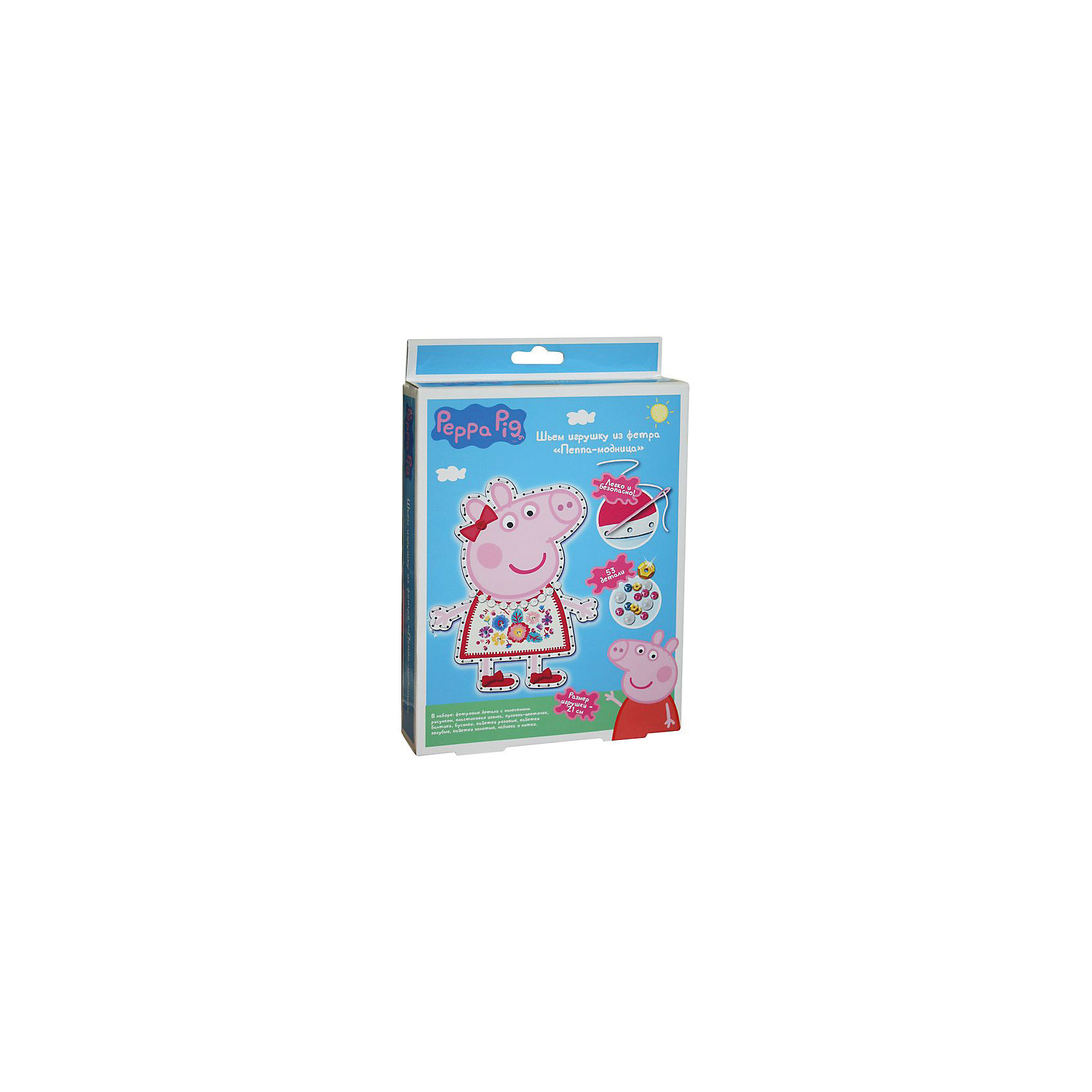 Шьем игрушку из фетра Пеппа-Модница, Peppa Pig Шьем игрушку из фетра Пеппа-Модница, Peppa PigСвинка Пеппа<br>Характеристики товара:<br><br>• комплектация: 2 фетровые детали с нанесенным рисунком и перфорацией для стежков, пластиковая безопасная иголка, пуговка в виде цветочка бант, прозрачные бусинки, шнуровка для бус, пайетки, нитки, набивка<br>• размер готовой игрушки: 21 см<br>• упаковка: коробка<br>• возраст: от 5 лет<br>• состав: пластик, текстиль<br>• страна бренда: Россия<br>• страна изготовитель: Китай<br><br>Украсьте фетровые детали блестящими пайетками, а затем сложите их белой стороной внутрь, совмещая контур фигурки. Вденьте нитку в иголку и начните обшивать контур туловища, набивая сначала ручки и ножки. Постепенно наполняйте всю игрушку и, закончив, закрепите нить узелком. Украсьте голову Пеппы цветочком, башмачки - бантиками, сделайте бусы для свинки.<br><br>В наборе «Пеппа-модница» ТМ «Свинка Пеппа» 53 детали: 2 фетровые детали с нанесенным рисунком и перфорацией для стежков, пластиковая безопасная иголка, пуговка в виде цветочка, 2 бантика из сатина, прозрачные бусинки, шнуровка для бус, пайетки (золотые, голубые, розовые), нитки, набивка - 30 г. Детали легко сшиваются безопасной иголкой. Размер готовой игрушки: 21 см. <br><br>Шьем игрушку из фетра Пеппа-Модница, Peppa Pig, вы можете приобрести в нашем интернет-магазине.<br><br>Ширина мм: 230<br>Глубина мм: 170<br>Высота мм: 40<br>Вес г: 100<br>Возраст от месяцев: 60<br>Возраст до месяцев: 2147483647<br>Пол: Женский<br>Возраст: Детский<br>SKU: 5453384