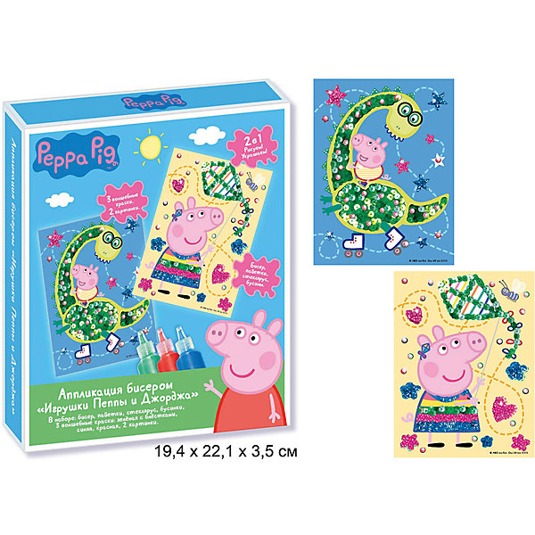 Аппликация бисером Игрушки Пеппы и Джорджа, Peppa Pig Аппликация бисером Игрушки Пеппы и Джорджа, Peppa PigБумага<br>Характеристики товара:<br><br>• возраст: от 3 лет<br>• комплектация: основа, краски, бисер, пайетки<br>• размер картинки: 25х18 см<br>• не требует специальных навыков<br>• состав: полимер, бумага<br>• страна бренда: Россия<br>• страна изготовитель: Китай<br><br>С набором Игрушки Пеппы и Джорджа из бисера можно создавать яркие, блестящие аппликации! И для этого вам не потребуются ни клей, ни ножницы – все необходимое уже есть в наборе. Возьмите волшебные краски, раскрасьте ими фрагменты рисунка и наклейте на них яркий бисер и блестящие пайетки. Двигайтесь от центра к краям рисунка, чтобы не размазать краску. Очаровательная картинка готова! <br><br>Аппликацию бисером Игрушки Пеппы и Джорджа, Peppa Pig, вы можете приобрести в нашем интернет-магазине.<br><br>Ширина мм: 220<br>Глубина мм: 193<br>Высота мм: 34<br>Вес г: 181<br>Возраст от месяцев: 36<br>Возраст до месяцев: 2147483647<br>Пол: Женский<br>Возраст: Детский<br>SKU: 5453405