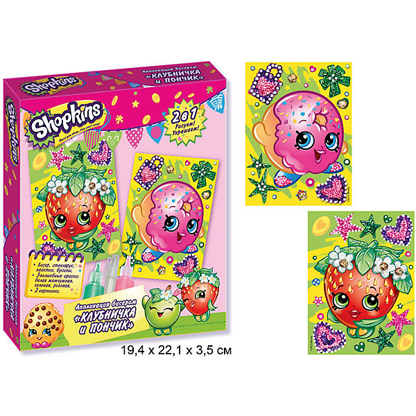 Аппликация бисером Клубничка и пончик, Shopkins Аппликация бисером Клубничка и пончик, ShopkinsБумага<br>Характеристики товара:<br><br>• возраст: от 3 лет<br>• комплектация: 2 картинки, набор бисера, пайетки, бусинки, стеклярус, 3 тюбика с красками<br>• размер упаковки: 22х19х3.5 см<br>• не требует специальных навыков<br>• состав: полимер, бумага<br>• страна бренда: Россия<br>• страна изготовитель: Китай<br><br>Вы думали, что с помощью бисера можно только вышивать и плести фенечки? А вот и нет! С набором Клубничка и Пончик ТМ Шопкинс из бисера можно создавать яркие, блестящие аппликации! И для этого вам не потребуются ни клей, ни ножницы – все необходимое уже есть в наборе. <br><br>Возьмите волшебные краски, раскрасьте ими фрагменты рисунка и наклейте на них яркий бисер и блестящие пайетки. Двигайтесь от центра к краям рисунка, чтобы не размазать краску. Очаровательная картинка готова! А во время такой увлекательной работы у ребенка активно развиваются мелкая моторика, цветовосприятие и творческое мышление.<br><br>Аппликацию бисером Клубничка и пончик, Shopkins, вы можете приобрести в нашем интернет-магазине.<br><br>Ширина мм: 222<br>Глубина мм: 195<br>Высота мм: 33<br>Вес г: 160<br>Возраст от месяцев: 36<br>Возраст до месяцев: 2147483647<br>Пол: Женский<br>Возраст: Детский<br>SKU: 5453417