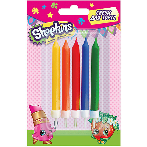 Набор свечей с держателями, 5 шт.*7 см, Shopkins Набор свечей с держателями, 5 шт.*7 см, ShopkinsДетские свечи для торта<br>Характеристики товара:<br><br>• размер одной свечи: 7 см<br>• комплектация: 5 шт<br>• состав: стеарин<br>• упаковка: блистер<br>• страна бренда: Россия<br>• страна изготовитель: Китай<br><br>Праздничный торт с разноцветными свечами создаст у вашего малыша ощущение настоящего праздника! Кроха придет в восторг от забавных огоньков, задувать которые - невероятное удовольствие.<br><br>Набор свечей с держателями, 5 шт.*7 см, Shopkins, вы можете приобрести в нашем интернет-магазине.<br><br>Ширина мм: 139<br>Глубина мм: 90<br>Высота мм: 70<br>Вес г: 20<br>Возраст от месяцев: 36<br>Возраст до месяцев: 2147483647<br>Пол: Женский<br>Возраст: Детский<br>SKU: 5453505