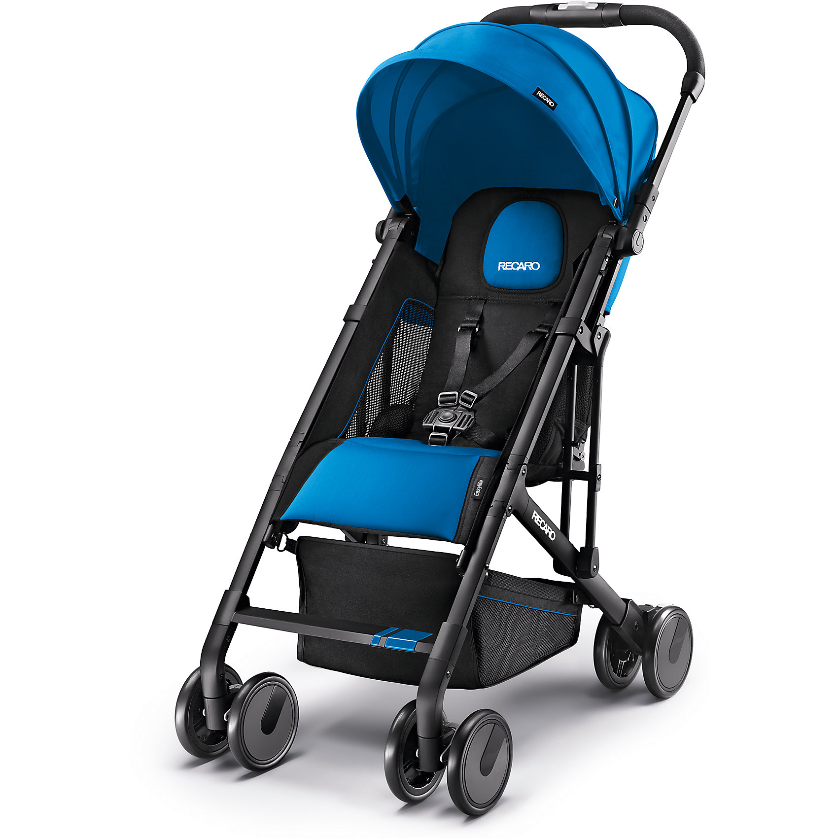 Прогулочная коляска Recaro Easylife, синий Прогулочная коляска Recaro Easylife, синийПрогулочные коляски<br>Характеристики прогулочной коляски Recaro Easylife<br><br>Прогулочный блок: <br><br>• прогулочный блок устанавливается в одном положении;<br>• спинка регулируется благодаря наличию системы ремешков, угол наклона составляет 150 градусов, положение «полулежа»;<br>• капюшон оснащен солнцезащитным козырьком и смотровым окошком из сетчатого материала;<br>• сиденье оснащено системой 5-ти точечных ремней безопасности, которые регулируются по длине;<br>• ширина сиденья: 30 см;<br>• глубина сиденья: 20 см;<br>• высота спинки: 44 см;<br>• длина спального места: 64 см;<br>• материал чехлов: полиэстер.<br><br>Обратите внимание: <br><br>• подножка коляски не регулируется;<br>• бампер отсутствует.<br><br>Шасси коляски:<br><br>• колеса коляски сдвоенные;<br>• передние поворотные колеса с фиксаторами;<br>• колеса выполнены из пенорезины, устойчивы к проколам;<br>• на коляске есть амортизация;<br>• тип тормоза: ножной, красная педаль на задней оси рамы ставит коляску на тормоз, а зеленая педаль - снимает коляску с тормоза;<br>• блокировка сразу двух задних колес;<br>• рама коляски укомплектована корзиной для покупок;<br>• коляска складывается по типу «книжка» одной рукой, имеется фиксатор от раскладывания;<br>• коляска в сложенном виде устойчива в вертикальном положении;<br>• рама коляски складывается вместе с прогулочным блоком;<br>• материал рамы: алюминий;<br>• диаметр колес: 14 см.<br><br>Прогулочная коляска Easylife с регулируемой спинкой - легкая и маневренная модель, которая предназначена для прогулок в парке, поездок и путешествий. Коляска складывается вместе с прогулочным блоком, в сложенном виде устойчиво стоит в вертикальном положении. Спальное место позволяет малышу устроиться в коляске для сна и отдыха. Капюшон защищает малыша от солнечных лучей, даже когда спинка коляски полностью опущена. <br><br>Размеры:<br><br>• размер коляски: 110x49x90 см;<br>• размер коляски в сложенном виде: 49х58х26 см;<br>• вес коляски: 5,7 кг<br><br>Комплектация:<br><br>• прогулочная коляска Рекаро Изилайф;<br>• инструкция. <br><br>Коляску прогулочную Easylife, Recaro, цвет синий можно купить в нашем интернет-магазине.<br><br>Ширина мм: 450<br>Глубина мм: 650<br>Высота мм: 750<br>Вес г: 5700<br>Возраст от месяцев: 6<br>Возраст до месяцев: 36<br>Пол: Мужской<br>Возраст: Детский<br>SKU: 5464661