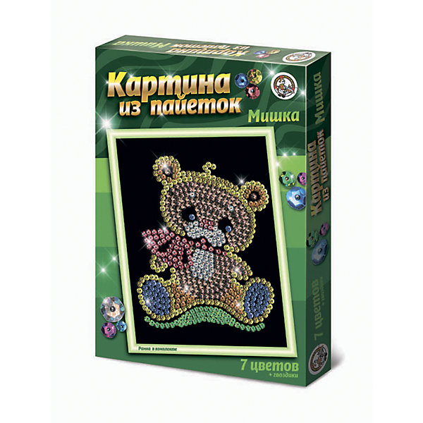 Картина из пайеток Мишка, Десятое королевство Картина из пайеток Мишка, Десятое королевствоМозаика детская<br>Картина из пайеток Мишка, Десятое королевство<br><br>Характеристики:<br><br>• Возраст: от 3 лет<br>• В комплекте: бархатная основа, рамка, фон для работы, разноцветные пайетки, булавки-гвоздики, инструкция<br>• Количество цветов: 7<br>• Количество пайеток: 680<br>• Количество гвоздиков: 800<br>• Размер рамки: 26х18<br><br>Этот набор позволит ребенку получить яркую и красивую картинку, которая может стать украшением комнаты или хорошим подарком для близких. В процессе работы с набором необходимо украсить предложенный рисунок яркими пайетками, из чего в итоге получается яркая и красочная аппликация. В наборе содержится все необходимое для работы. Игра с этим набором развивает мелкую моторику и усидчивость. Из-за наличия мелких деталей желательно давать ребенку игрушку под присмотром взрослых.<br><br>Картина из пайеток Мишка, Десятое королевство можно купить в нашем интернет-магазине.<br><br>Ширина мм: 280<br>Глубина мм: 195<br>Высота мм: 38<br>Вес г: 198<br>Возраст от месяцев: 84<br>Возраст до месяцев: 2147483647<br>Пол: Женский<br>Возраст: Детский<br>SKU: 5471662