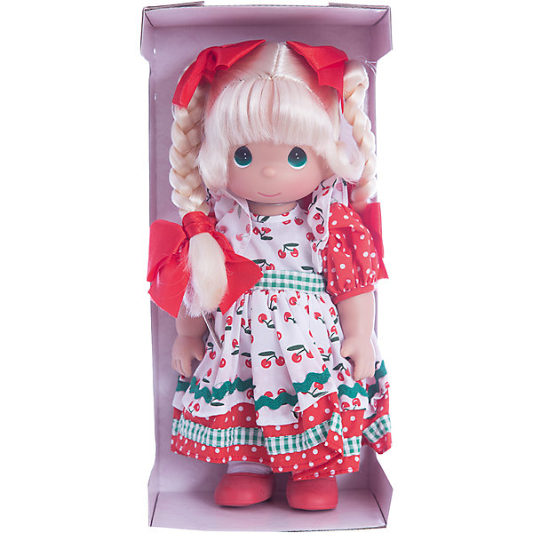 Кукла Вишневая тропинка, 30 см, Precious Moments Кукла Вишневая тропинка, 30 см, Precious MomentsКуклы<br>Характеристики товара:<br><br>• возраст: от 5 лет;<br>• материал: винил, текстиль;<br>• высота куклы: 30 см;<br>• размер упаковки: 32х15х9 см;<br>• вес упаковки: 405 гр.;<br>• страна производитель: Филиппины.<br><br>Кукла «Вишневая тропинка» Precious Moments — коллекционная кукла с выразительными зелеными глазками и светлыми волосами, заплетенными в косички. На волосах завязаны ярко-красные бантики.<br><br>Куколка одета в разноцветное платье с принтом и красные туфельки. У куклы имеются подвижные детали. Она выполнена из качественного безопасного материала.<br><br>Куклу «Вишневая тропинка» Precious Moments можно приобрести в нашем интернет-магазине.<br><br>Ширина мм: 140<br>Глубина мм: 300<br>Высота мм: 80<br>Вес г: 428<br>Возраст от месяцев: 36<br>Возраст до месяцев: 2147483647<br>Пол: Женский<br>Возраст: Детский<br>SKU: 5482503