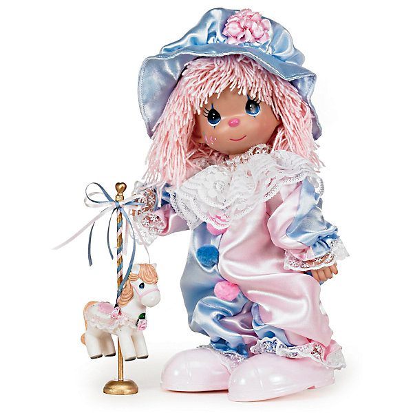 Кукла Клоун, 30 см, Precious Moments Кукла Клоун, 30 см, Precious MomentsКуклы<br>Характеристики:<br><br>• Материал: пластик, металл, текстиль<br>• Комплектация: кукла, пони на подставке<br>• Высота куклы ?30 см<br>• Комплект одежды съемный<br>• Вес в упаковке: 428 г<br>• Размеры упаковки (Г*Ш*В): 14*30*8 см<br><br>Все куклы выполнены из винила, волосы – из крученых ниток. Голова, руки и ноги – подвижные, благодаря чему игрушка может принимать любую позу. Кукла представлена в образе клоуна: у нее комбинезон, выполненный в нежных голубых и розовых тонах, кружевной воротник и большие мягкие помпоны на груди. Дополняет образ объемная кепка с розовым цветком. В наборе с куклой имеется пони на подставке. Все материалы, из которых изготовлена кукла и аксессуары, безопасные: не вызывают аллергии и не имеют запаха. <br><br>Куклу Клоун, 30 см, Precious Moments можно купить в нашем интернет-магазине.<br><br>Ширина мм: 140<br>Глубина мм: 300<br>Высота мм: 80<br>Вес г: 428<br>Возраст от месяцев: 36<br>Возраст до месяцев: 2147483647<br>Пол: Женский<br>Возраст: Детский<br>SKU: 5488535