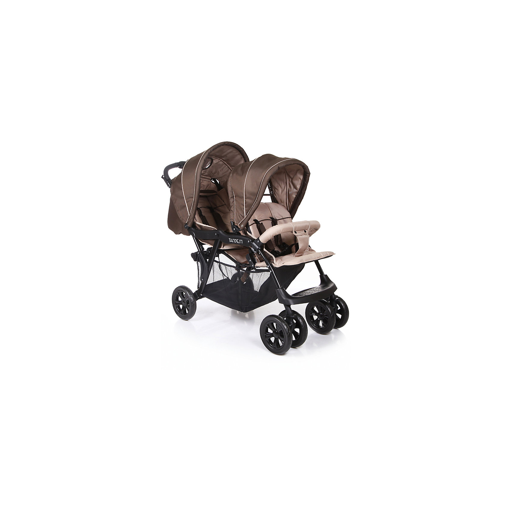 Прогулочная коляска для двойни Baby Care Tandem, коричневый/бежевый Прогулочная коляска для двойни Baby Care Tandem, коричневый/бежевыйПрогулочные коляски<br>Характеристики прогулочной коляски для двойни Baby Care Tandem:<br><br>• расположение прогулочных блоков «паровозиком»;<br>• регулировка наклона спинки заднего блока при помощи ремешков;<br>• регулировка наклона спинки переднего блока в 2 положениях;<br>• на переднем блоке съемный бампер с перемычкой между ножек;<br>• 5-ти точечные ремни безопасности с мягкими накладками;<br>• независимая регулировка капюшонов;<br>• карман для мелочей и смотровое окошко на капюшоне заднего блока;<br>• регулируемая пластиковая подножка;<br>• материал: полиэстер.<br><br>Прогулочная коляска для двойни Baby Care Tandem — практичная и удобная коляска для двойняшек или погодок в возрасте от 6 месяцев. Просторные сидения, мягкие ткани, регулируемые спинки обеспечивают малышам комфортную прогулку. Большие капюшоны защищают от непогоды и солнечных лучей. В комплекте накидка на ножки для каждого блока для защиты от ветра в прохладную погоду.<br><br>Шасси коляски:<br><br>• металлическая прочная рама;<br>• тип складывания: «книжка»;<br>• передние поворотные колеса сдвоенные, с возможностью блокировки;<br>• задние колеса одинарные;<br>• тип колес: пластиковые;<br>• диаметр передних колес 20,3 см, задних — 25,4 см;<br>• ширина колесной базы 57 см;<br>• вместительная корзина для покупок, размером 70х31х25 см;<br>• задний стояночный тормоз.<br><br>Размер коляски в разложенном виде 120х57х112 см<br>Размер коляски в сложенном виде 99х57х37 см<br>Вес коляски 13,5 кг<br>Размер упаковки 94х47х32 см<br>Вес в упаковке 15,5 кг<br><br>Комплектация:<br><br>• 2 прогулочных блока;<br>• корзина для покупок;<br>• 2 накидки на ножки;<br>• инструкция.<br><br>Прогулочную коляску для двойни Baby Care Tandem коричневую можно приобрести в нашем интернет-магазине.<br><br>Ширина мм: 940<br>Глубина мм: 470<br>Высота мм: 320<br>Вес г: 15500<br>Возраст от месяцев: 6<br>Возраст до месяцев: 36<br>Пол: Унисекс<br>Возраст: Детский<br>SKU: 5493332