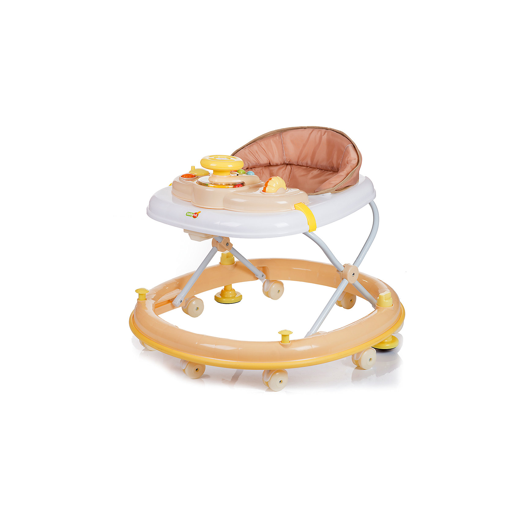 Ходунки CLEVER, Babyhit, бежевый Ходунки CLEVER, Babyhit, бежевыйХодунки<br>Характеристики:<br><br>• закругленная база с мягкой окантовкой;<br>• защита от появления царапин на мебели и стенах;<br>• регулируется высота ходунков, 3 положения;<br>• игровая панель с развивающими игрушками;<br>• световое и звуковое сопровождение;<br>• наличие сдвоенных колесиков со стопорами;<br>• съемный чехол сиденья для ухода и очистки;<br>• компактное складывание;<br>• размер упаковки: 71,5х11х66,5 см;<br>• вес: 4,8 кг.<br><br>Продуманная до мелочей конструкция ходунков предоставляет ребенку свободу перемещений в пространстве на этапе его роста и развития. Малыш находится в ходунках в сиденье-коконе, с высокой спинкой в мягкой обивке. Игровая панель для игры и развития ребенка имеет звуковой модуль и подвижные элементы. Основание ходунков имеет прорезиненную накладку по всему диаметру, которая предотвратит мелкие царапины на мебели во время путешествий ребенка в ходунках в помещении. <br><br>Ходунки CLEVER, Babyhit, цвет бежевый можно купить в нашем интернет-магазине.<br><br>Ширина мм: 715<br>Глубина мм: 110<br>Высота мм: 665<br>Вес г: 4800<br>Возраст от месяцев: 6<br>Возраст до месяцев: 18<br>Пол: Унисекс<br>Возраст: Детский<br>SKU: 5500342