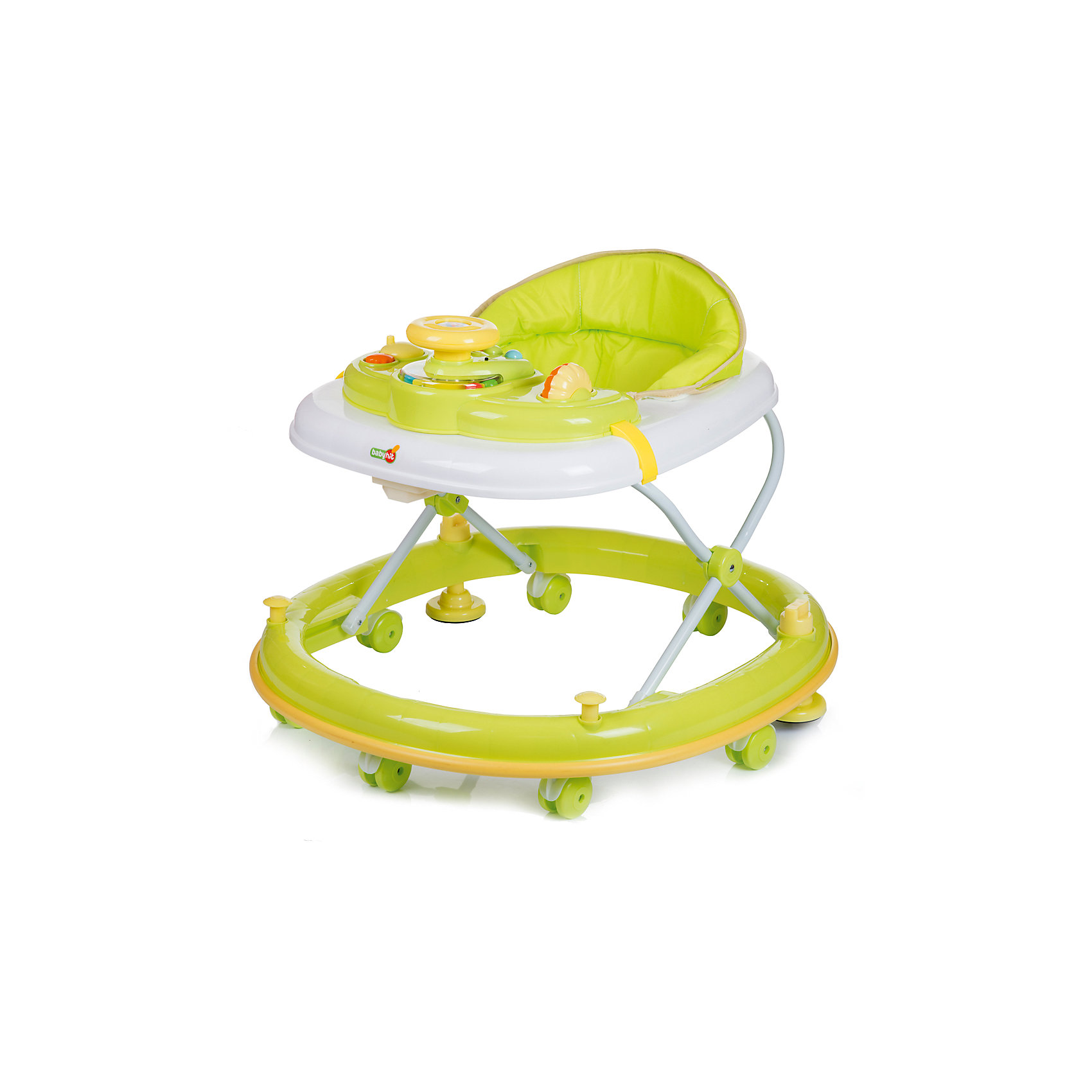 Ходунки CLEVER, Babyhit, зелёный Ходунки CLEVER, Babyhit, зелёныйХодунки<br>Характеристики:<br><br>• закругленная база с мягкой окантовкой;<br>• защита от появления царапин на мебели и стенах;<br>• регулируется высота ходунков, 3 положения;<br>• игровая панель с развивающими игрушками;<br>• световое и звуковое сопровождение;<br>• наличие сдвоенных колесиков со стопорами;<br>• съемный чехол сиденья для ухода и очистки;<br>• компактное складывание;<br>• размер упаковки: 71,5х11х66,5 см;<br>• вес: 4,8 кг.<br><br>Продуманная до мелочей конструкция ходунков предоставляет ребенку свободу перемещений в пространстве на этапе его роста и развития. Малыш находится в ходунках в сиденье-коконе, с высокой спинкой в мягкой обивке. Игровая панель для игры и развития ребенка имеет звуковой модуль и подвижные элементы. Основание ходунков имеет прорезиненную накладку по всему диаметру, которая предотвратит мелкие царапины на мебели во время путешествий ребенка в ходунках в помещении. <br><br>Ходунки CLEVER, Babyhit, цвет зеленый можно купить в нашем интернет-магазине.<br><br>Ширина мм: 715<br>Глубина мм: 110<br>Высота мм: 665<br>Вес г: 4800<br>Возраст от месяцев: 6<br>Возраст до месяцев: 18<br>Пол: Унисекс<br>Возраст: Детский<br>SKU: 5500344