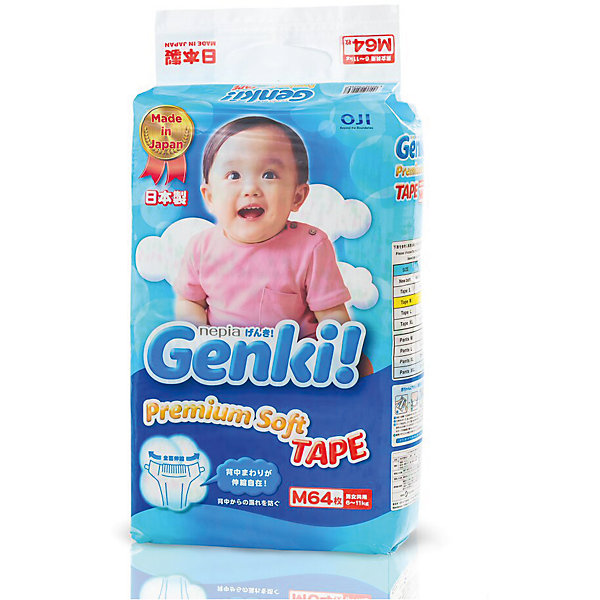 Подгузники Nepia Genki, 6-11 кг., размер M, 64 шт.,Genki Подгузники Nepia Genki, 6-11 кг., размер M, 64 шт.,GenkiПодгузники классические<br>Характеристики:<br><br>• вес ребенка: 6-11 кг;<br>• размер: M;<br>• наличие индикатора (желтый/синий цвет);<br>• широкая фиксирующая лента, 5,5 см);<br>• герметичная вставка, которая предотвращает протекание;<br>• материалы поверхности: полиэфир и полиолефин, хлопок;<br>• впитывающий материал: ватоподобная пульпа, впитывающая бумага, впитывающий материал;<br>• связующий материал: стирен, бутадиен;<br>• количество в упаковке: 64 шт.<br><br>Японские дышащие подгузники Genki изготовлены из мягкого материала, впитывающий слой за секунды поглощает влагу, детская кожа остается сухой. Индикаторы наполнения позволяют маме контролировать наполненность подгузника, не расстегивая липучки. Когда желтый цвет меняется на синий, это сигнализирует о наполненности подгузника, следовательно, подгузник пора менять. Эластичная вставка из микропористого материала предотвращает протекание. Нежная кожа малыша свободно дышит, не появляются опрелости, не возникает раздражение. <br><br>Подгузники Nepia Genki, 6-11 кг., размер M, 64 шт.,Genki можно купить в нашем интернет-магазине.<br><br>Ширина мм: 120<br>Глубина мм: 260<br>Высота мм: 390<br>Вес г: 1812<br>Возраст от месяцев: 3<br>Возраст до месяцев: 12<br>Пол: Унисекс<br>Возраст: Детский<br>SKU: 5504695