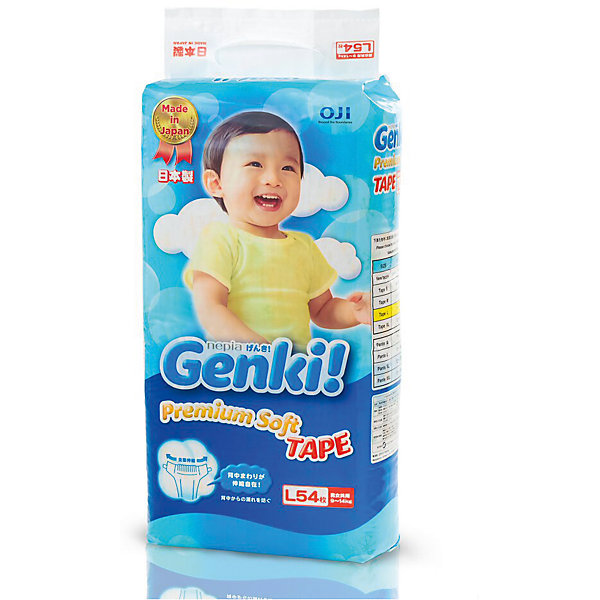 Подгузники Nepia Genki, 9-14 кг., размер L, 54 шт., Genki Подгузники Nepia Genki, 9-14 кг., размер L, 54 шт., GenkiПодгузники классические<br>Характеристики:<br><br>• вес ребенка: 9-14 кг;<br>• размер: L;<br>• наличие индикатора (желтый/синий цвет);<br>• широкая фиксирующая лента, 5,5 см);<br>• герметичная вставка, которая предотвращает протекание;<br>• материалы поверхности: полиэфир и полиолефин, хлопок;<br>• впитывающий материал: ватоподобная пульпа, впитывающая бумага, впитывающий материал;<br>• связующий материал: стирен, бутадиен;<br>• количество в упаковке: 54 шт.<br><br>Японские дышащие подгузники Genki изготовлены из мягкого материала, впитывающий слой за секунды поглощает влагу, детская кожа остается сухой. Индикаторы наполнения позволяют маме контролировать наполненность подгузника, не расстегивая липучки. Когда желтый цвет меняется на синий, это сигнализирует о наполненности подгузника, следовательно, подгузник пора менять. Эластичная вставка из микропористого материала предотвращает протекание. Нежная кожа малыша свободно дышит, не появляются опрелости, не возникает раздражение. <br><br>Подгузники Nepia Genki, 9-14 кг., размер L, 54 шт., Genki можно купить в нашем интернет-магазине.<br><br>Ширина мм: 120<br>Глубина мм: 220<br>Высота мм: 430<br>Вес г: 1658<br>Возраст от месяцев: 6<br>Возраст до месяцев: 24<br>Пол: Унисекс<br>Возраст: Детский<br>SKU: 5504696