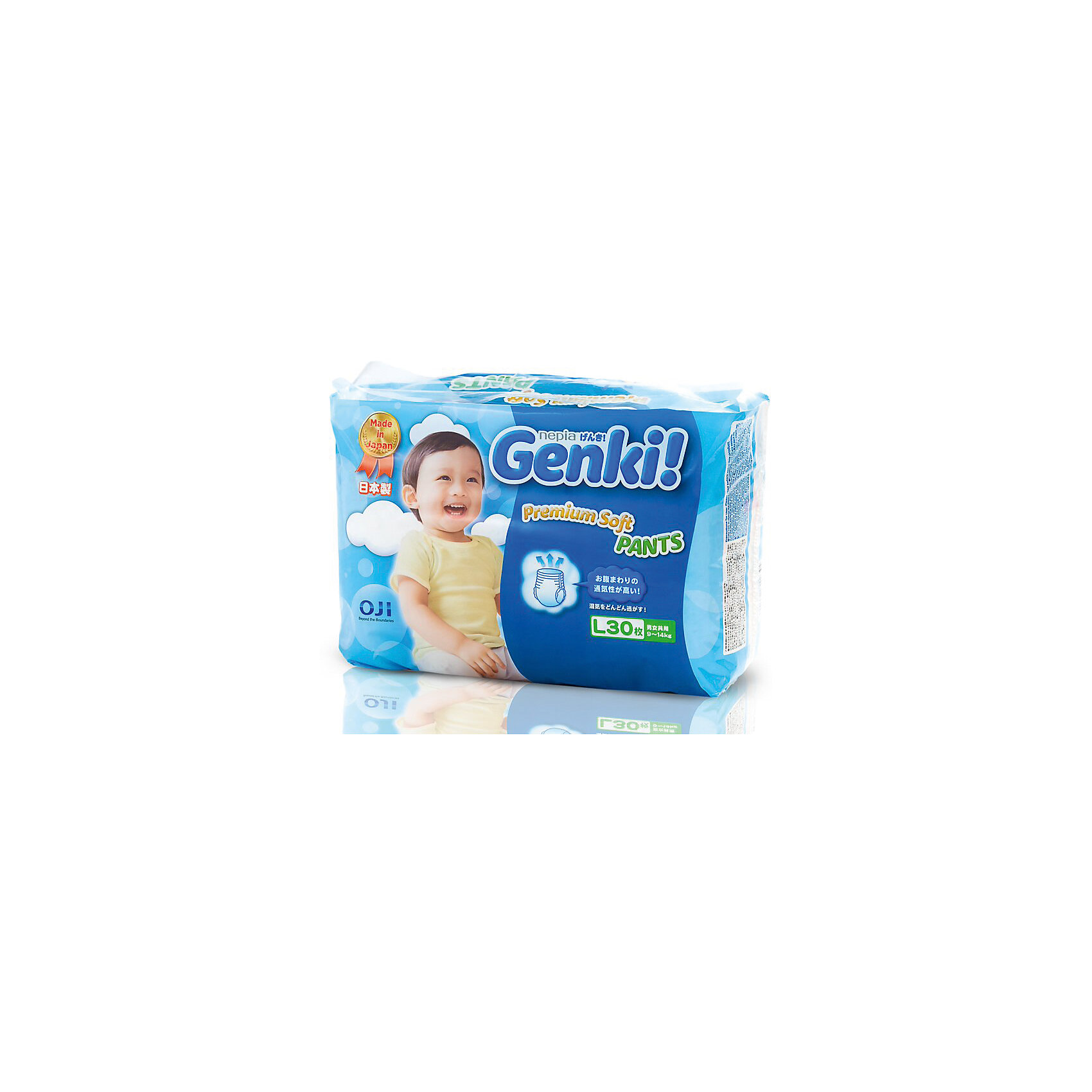 Трусики Nepia Genki,9-14 кг., размер L, 30 шт., Genki Трусики Nepia Genki,9-14 кг., размер L, 30 шт., GenkiТрусики-подгузники<br>Характеристики:<br><br>• вес ребенка: 9-14 кг;<br>• размер: L;<br>• дышащая поверхность внешней и внутренней стороны;<br>• эластичный поясок;<br>• индикатор влаги находится снаружи;<br>• материал: мягкий хлопок, натуральный каучук;<br>• количество в упаковке: 30 шт.<br><br>Японские дышащие гипоаллергенные трусики Genki подходят для чувствительной кожи. Эластичный поясок не сдавливает животик. Индикаторы наполнения позволяют маме контролировать наполненность трусиков, не расстегивая липучки. Когда желтый цвет меняется на синий, это сигнализирует о наполненности трусиков следовательно, их пора менять. Трусики используются для сна, длительных прогулок, во время поездок. <br><br>Трусики Nepia Genki, 9-14 кг., размер L, 30 шт., Genki можно купить в нашем интернет-магазине.<br><br>Ширина мм: 150<br>Глубина мм: 320<br>Высота мм: 200<br>Вес г: 902<br>Возраст от месяцев: 6<br>Возраст до месяцев: 24<br>Пол: Унисекс<br>Возраст: Детский<br>SKU: 5504699