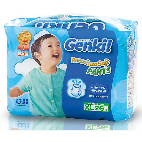 Трусики Nepia Genki,12-17 кг., размер XL, 26 шт., Genki Трусики Nepia Genki,12-17 кг., размер XL, 26 шт., GenkiПодгузники классические<br>Характеристики:<br><br>• вес ребенка: 12-17 кг;<br>• размер: XL;<br>• дышащая поверхность внешней и внутренней стороны;<br>• эластичный поясок;<br>• индикатор влаги находится снаружи;<br>• материал: мягкий хлопок, натуральный каучук;<br>• количество в упаковке: 26 шт.<br><br>Японские дышащие гипоаллергенные трусики Genki подходят для чувствительной кожи. Эластичный поясок не сдавливает животик. Индикаторы наполнения позволяют маме контролировать наполненность трусиков, не расстегивая липучки. Когда желтый цвет меняется на синий, это сигнализирует о наполненности трусиков следовательно, их пора менять. Трусики используются для сна, длительных прогулок, во время поездок. <br><br>Трусики Nepia Genki, 12-17 кг., размер XL, 26 шт., Genki можно купить в нашем интернет-магазине.<br><br>Ширина мм: 150<br>Глубина мм: 280<br>Высота мм: 200<br>Вес г: 916<br>Возраст от месяцев: 12<br>Возраст до месяцев: 36<br>Пол: Унисекс<br>Возраст: Детский<br>SKU: 5504700