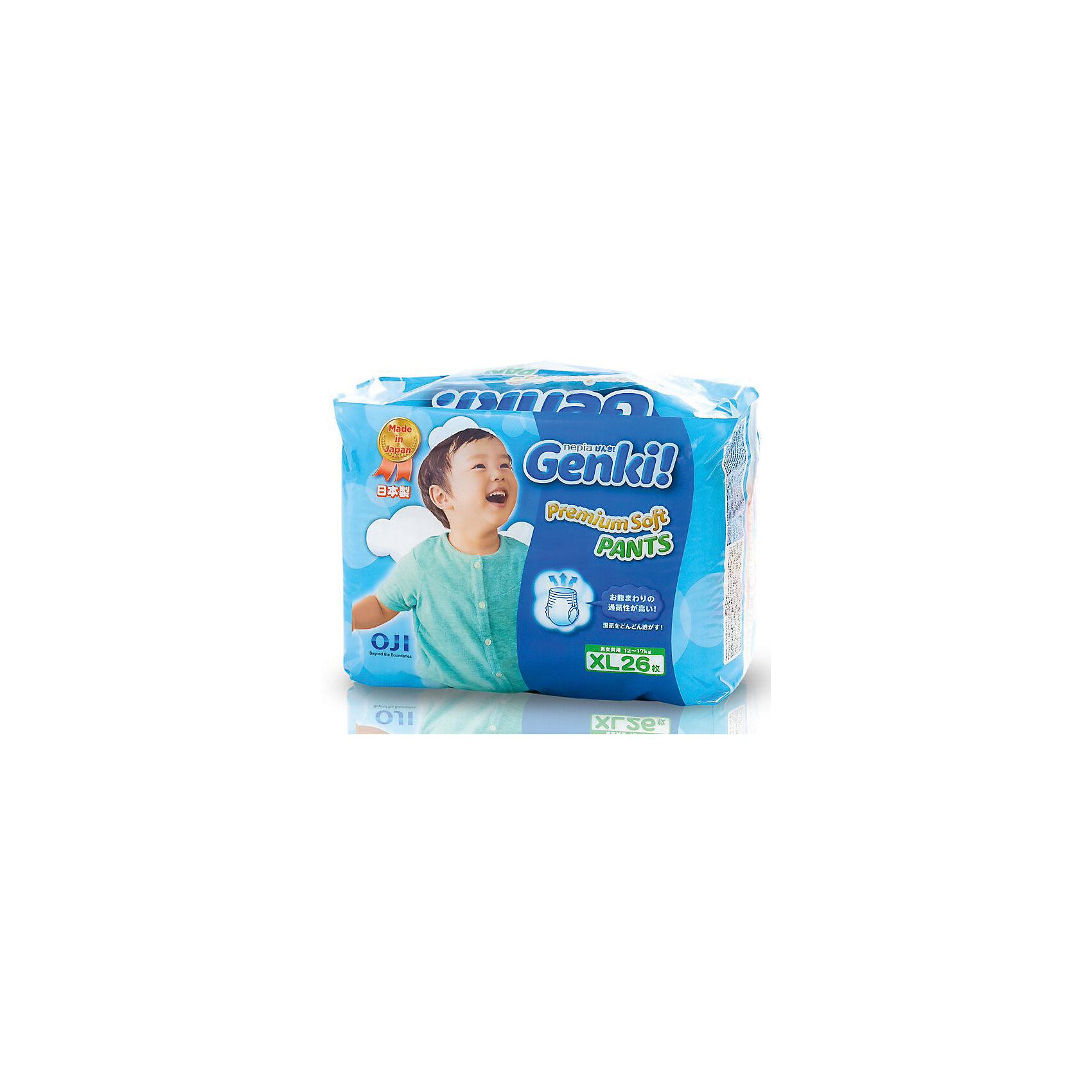 Трусики Nepia Genki,12-17 кг., размер XL, 26 шт., Genki Трусики Nepia Genki,12-17 кг., размер XL, 26 шт., GenkiТрусики-подгузники<br>Характеристики:<br><br>• вес ребенка: 12-17 кг;<br>• размер: XL;<br>• дышащая поверхность внешней и внутренней стороны;<br>• эластичный поясок;<br>• индикатор влаги находится снаружи;<br>• материал: мягкий хлопок, натуральный каучук;<br>• количество в упаковке: 26 шт.<br><br>Японские дышащие гипоаллергенные трусики Genki подходят для чувствительной кожи. Эластичный поясок не сдавливает животик. Индикаторы наполнения позволяют маме контролировать наполненность трусиков, не расстегивая липучки. Когда желтый цвет меняется на синий, это сигнализирует о наполненности трусиков следовательно, их пора менять. Трусики используются для сна, длительных прогулок, во время поездок. <br><br>Трусики Nepia Genki, 12-17 кг., размер XL, 26 шт., Genki можно купить в нашем интернет-магазине.<br><br>Ширина мм: 150<br>Глубина мм: 280<br>Высота мм: 200<br>Вес г: 916<br>Возраст от месяцев: 12<br>Возраст до месяцев: 36<br>Пол: Унисекс<br>Возраст: Детский<br>SKU: 5504700