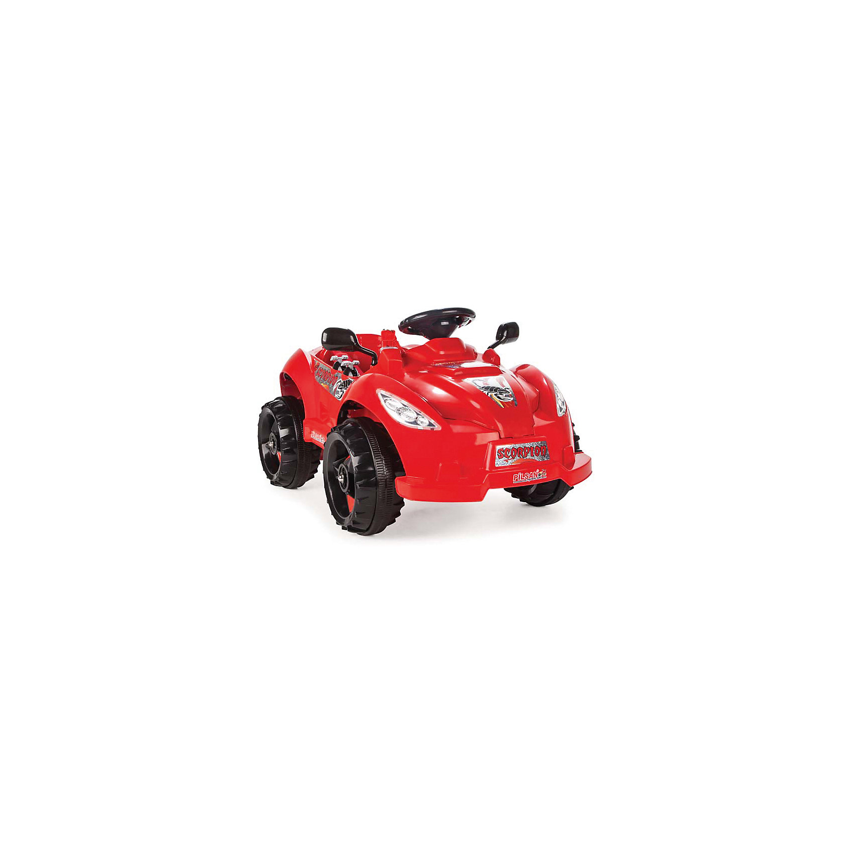 Электромобиль SCORPION 12V, PILSAN Электромобиль SCORPION 12V, PILSANЭлектромобили<br>Характеристики товара:<br><br>• цвет: красный<br>• возраст: от 3 лет<br>• музыкальный сигнал (6 звуков)<br>• защита от перегрева и тока<br>• электронное управление<br>• открывающийся багажник<br>• регулируемое съемное сиденье<br>• нормальная скорость и режим Турбо<br>• рычаг переключения<br>• регулируемое зеркало<br>• тормозная система с прерыванием цепи<br>• возможность зарядки от крышки бака<br>• дифференциальная система при нормальной скорости<br>• четырехсторонняя система амортизации<br>• максимальная скорость: 3,5-7 км/ч<br>• аккумулятор: 12v 12Ah<br>• зарядное устройство: 12 V<br>• двигатель 2х12V c задним расположением<br>• максимальная нагрузка: 50 кг<br>• материал: пластик<br>• размер упаковки: 67х110х48 см<br>• вес: 20,2 кг<br><br>Электромобиль SCORPION - отличный выбор для юных водителей. <br><br>Ребенок сможет управлять своим первым транспортом самостоятельно, а также родители смогут ему в этом помочь. <br><br>Для безопасности ребенка предусмотрены защита от перегрева и тока, тормозная система с прерыванием цепи и электронное управление. <br><br>Электромобиль оснащен съемным регулируемым сиденьем, регулируемым зеркалом, открывающимся багажником и возможностью включения/отключения режима Турбо. <br><br>Есть возможность зарядки от крышки бака. Максимальная нагрузка - 50 кг.<br><br>Электромобиль SCORPION 12V, PILSAN (Пилсан) можно купить в нашем интернет-магазине.<br><br>Ширина мм: 480<br>Глубина мм: 1100<br>Высота мм: 670<br>Вес г: 20200<br>Возраст от месяцев: 36<br>Возраст до месяцев: 120<br>Пол: Унисекс<br>Возраст: Детский<br>SKU: 5512038